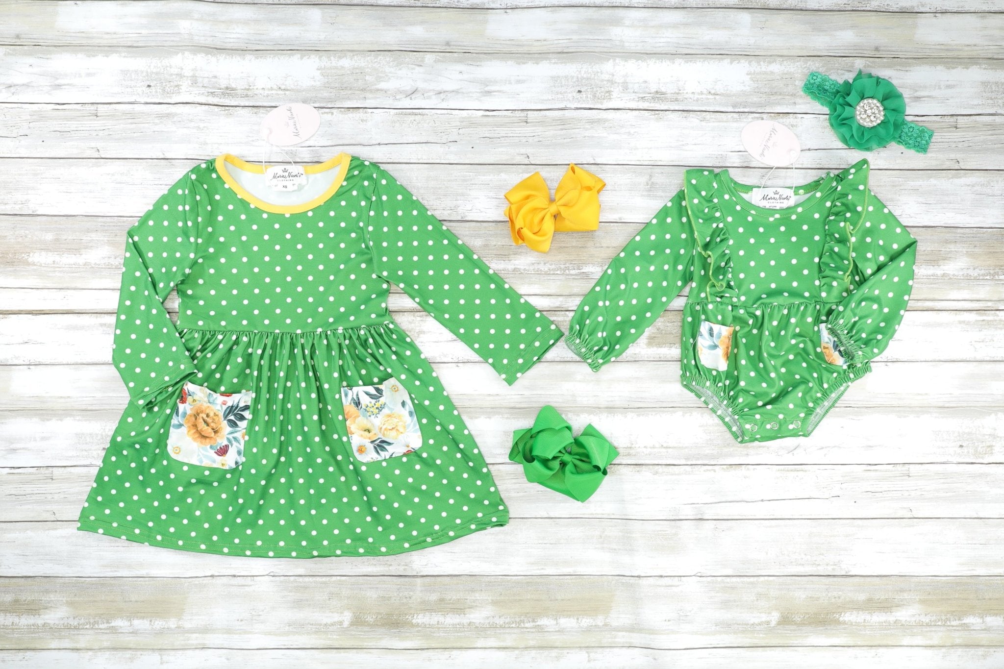 Green Polka Dot Floral Pocket Ruffle Romper - Marie Nicole Clothing