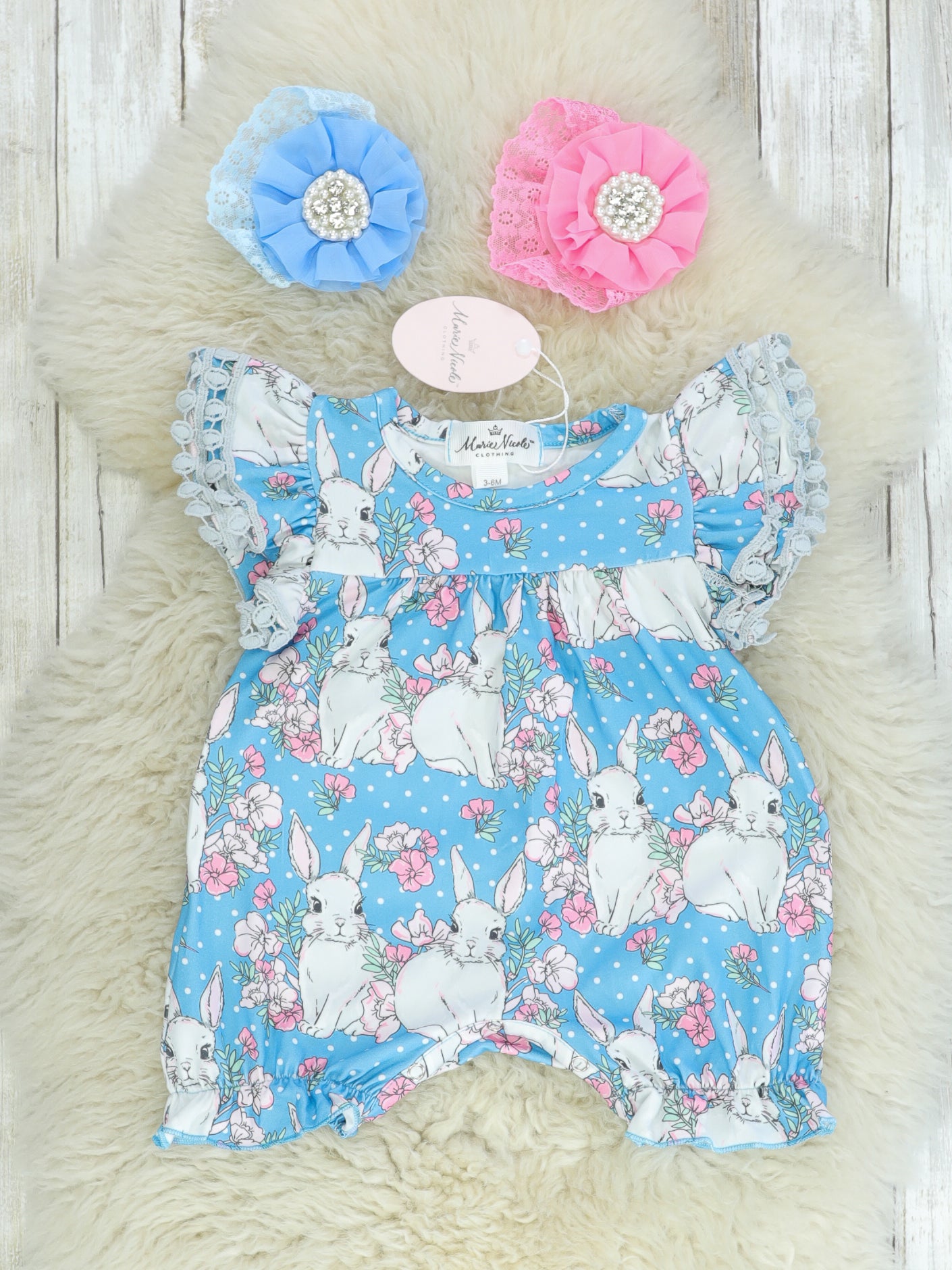 Cornflower Blue Bunny Ruffle Romper - Marie Nicole Clothing