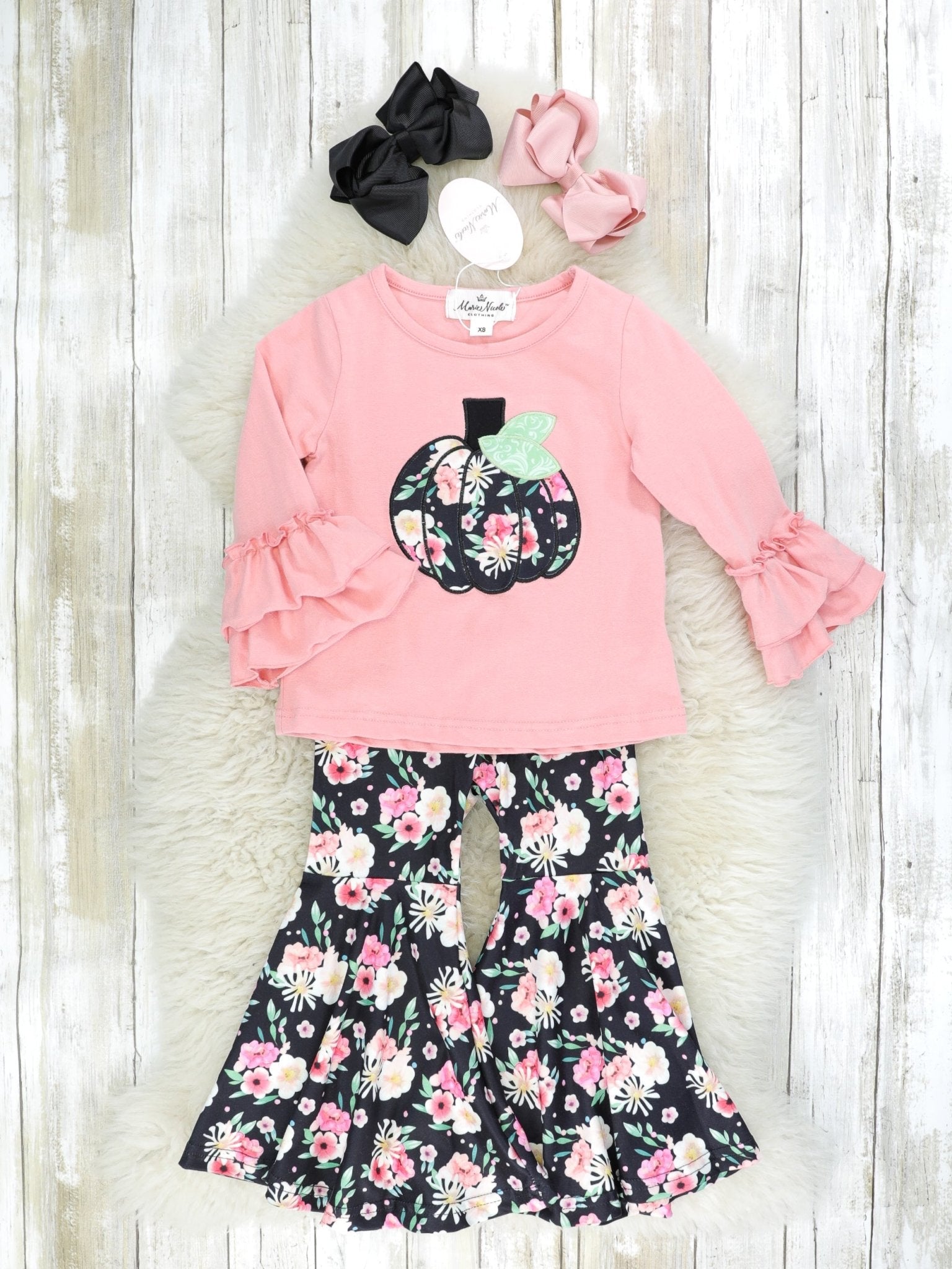Pink & Black Floral Pumpkin Bell Bottom Outfit - Marie Nicole Clothing