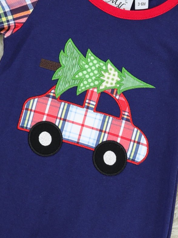 Navy Christmas Tree Truck Plaid Ruffle Romper - Marie Nicole Clothing