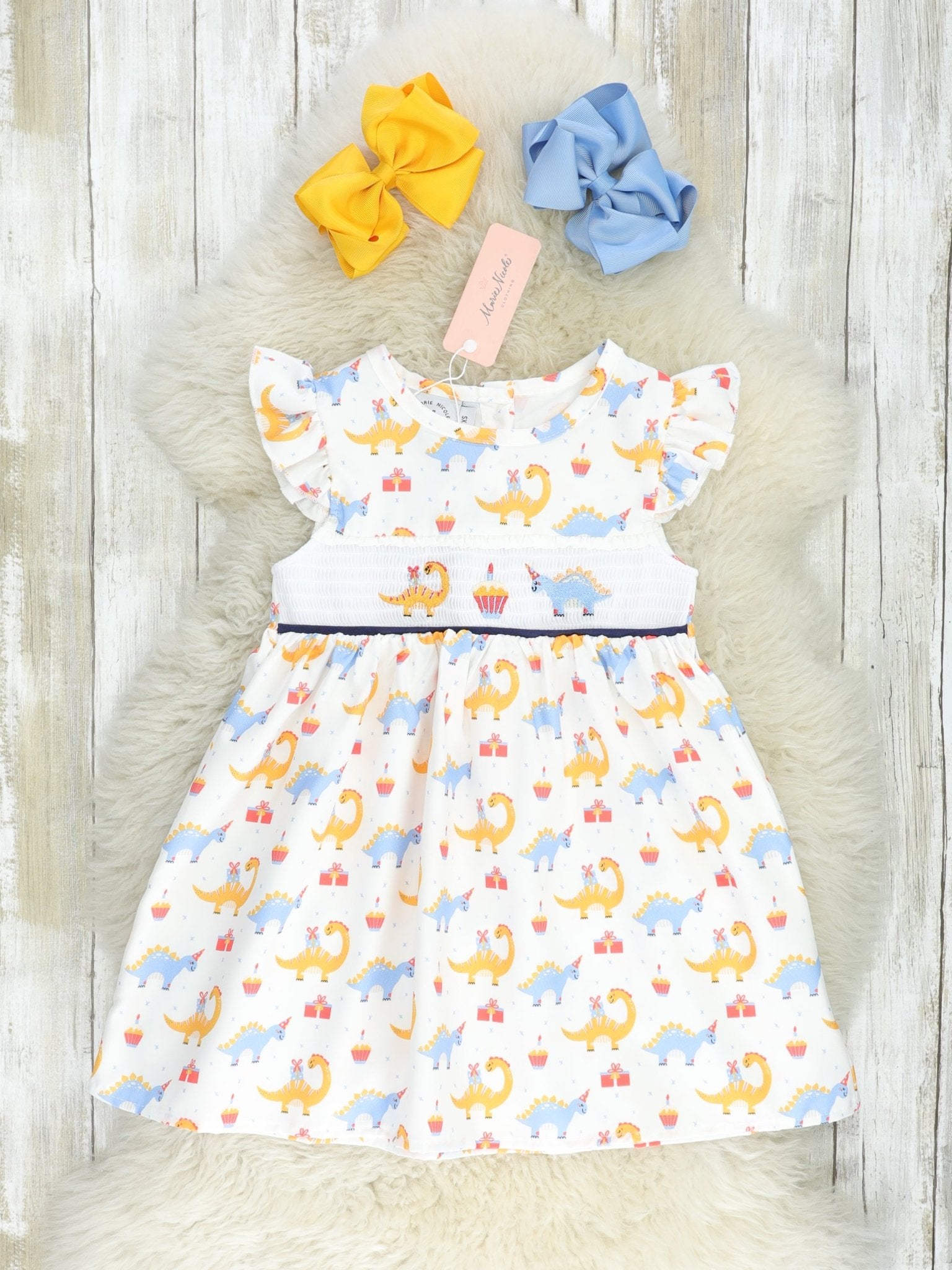 Smocked Dinosaur Party Ruffle Dress - Marie Nicole Clothing