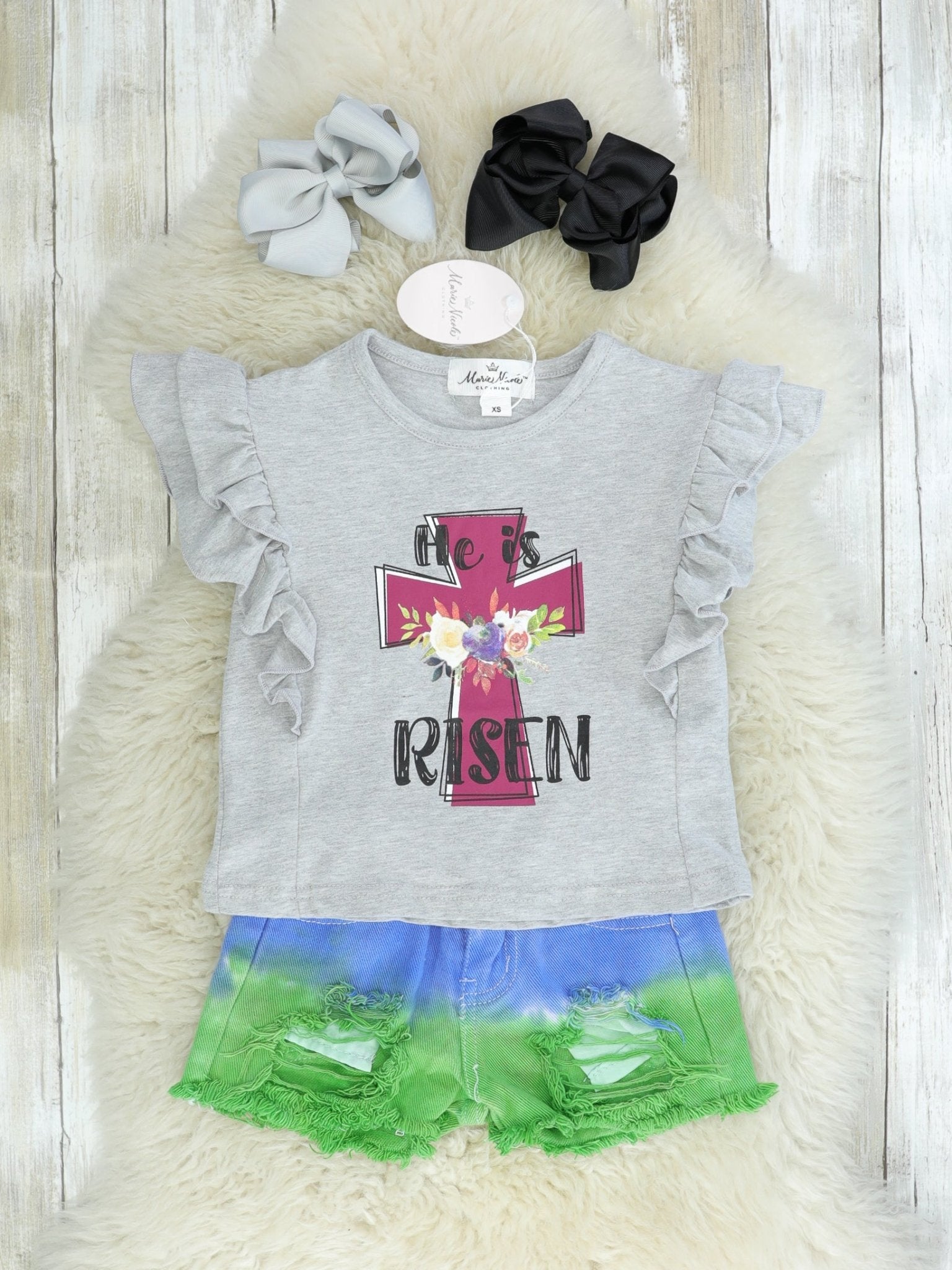 "Risen" Cross Ruffle Top & Ombre Shorts Outfit - Marie Nicole Clothing