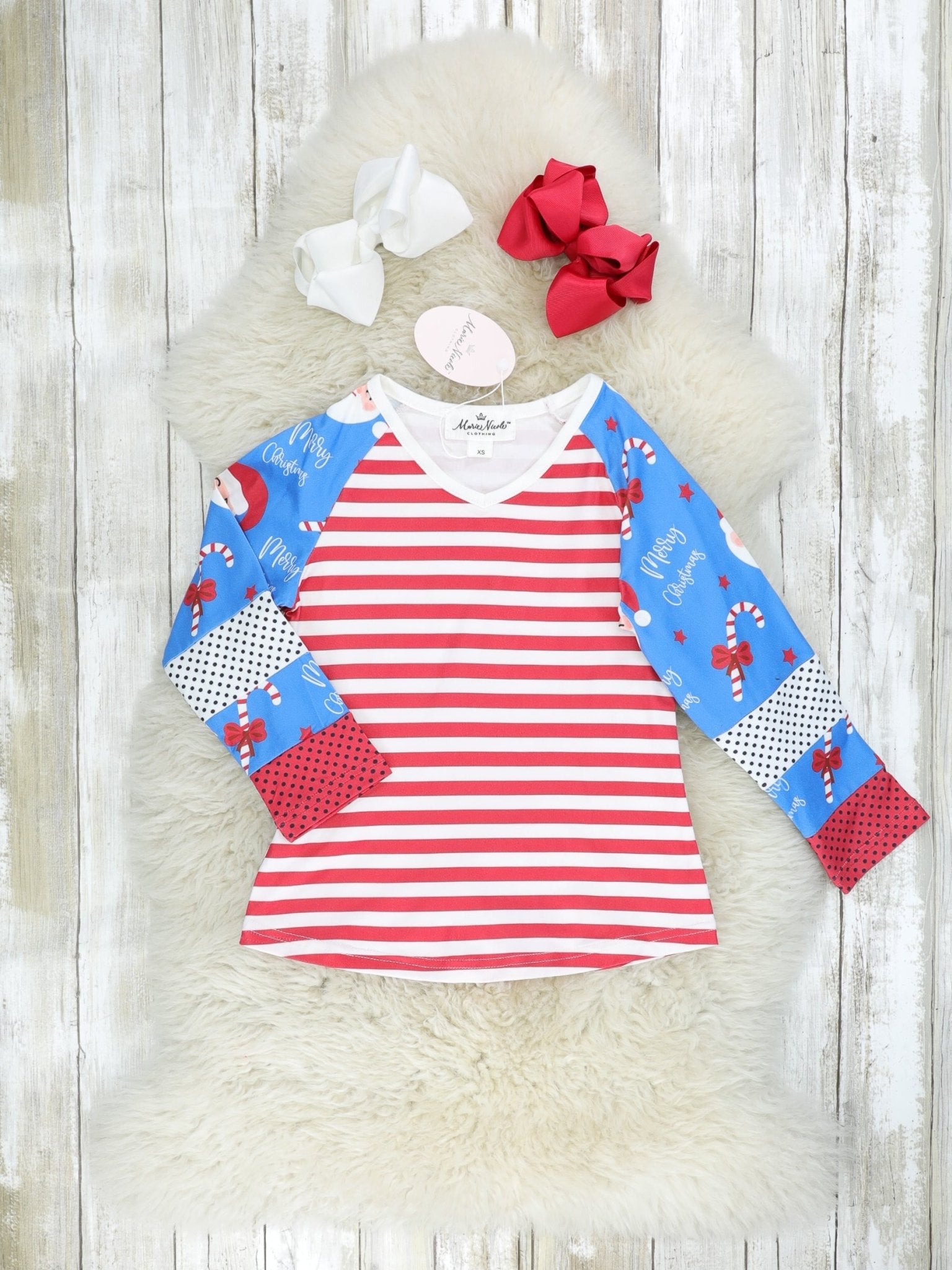 Blue Santa Striped Raglan Shirt - Marie Nicole Clothing