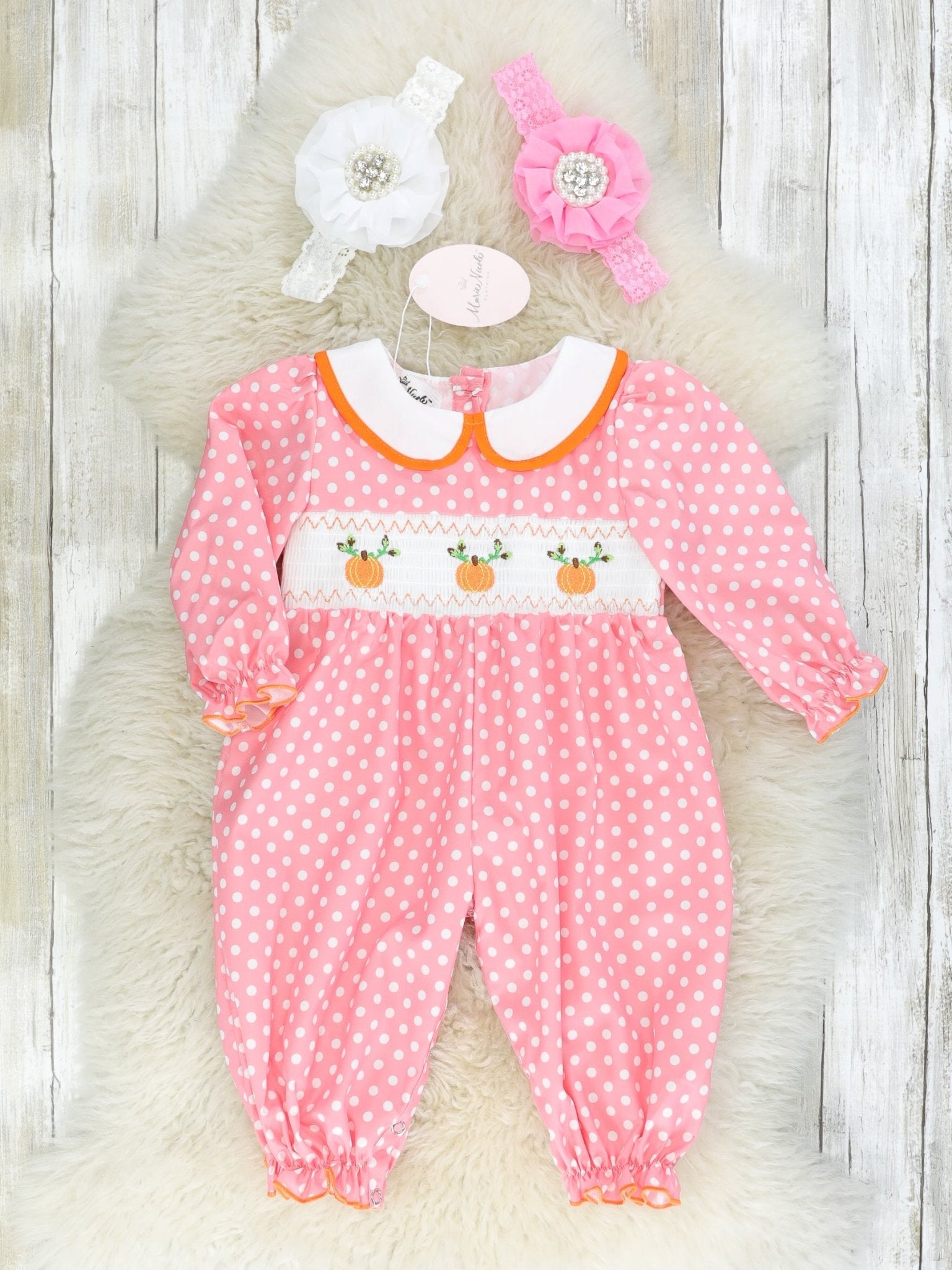 Pink Polka Dotted Smocked Pumpkin Romper - Marie Nicole Clothing