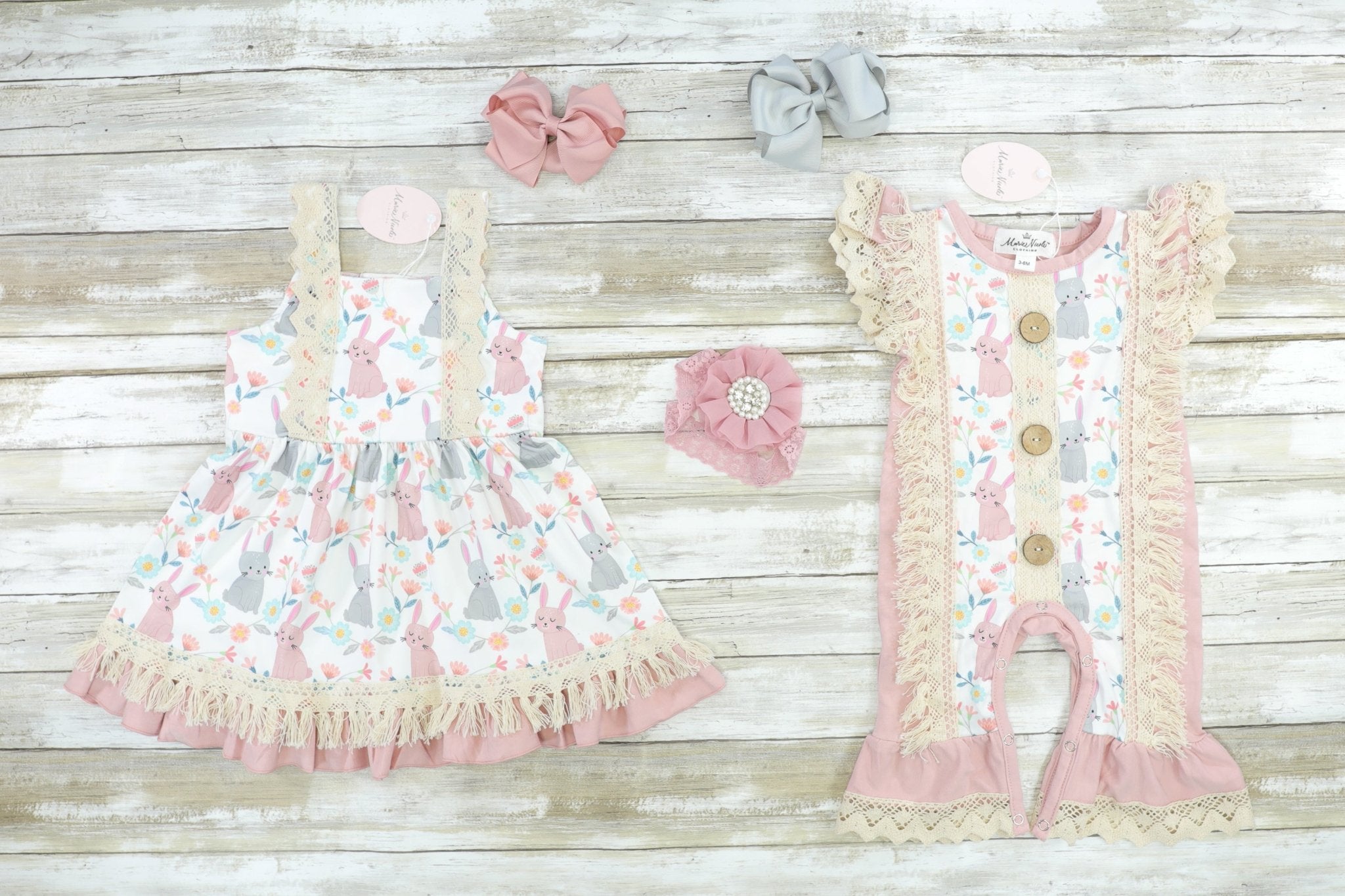 Pink & Grey Bunny Tank Romper - Marie Nicole Clothing