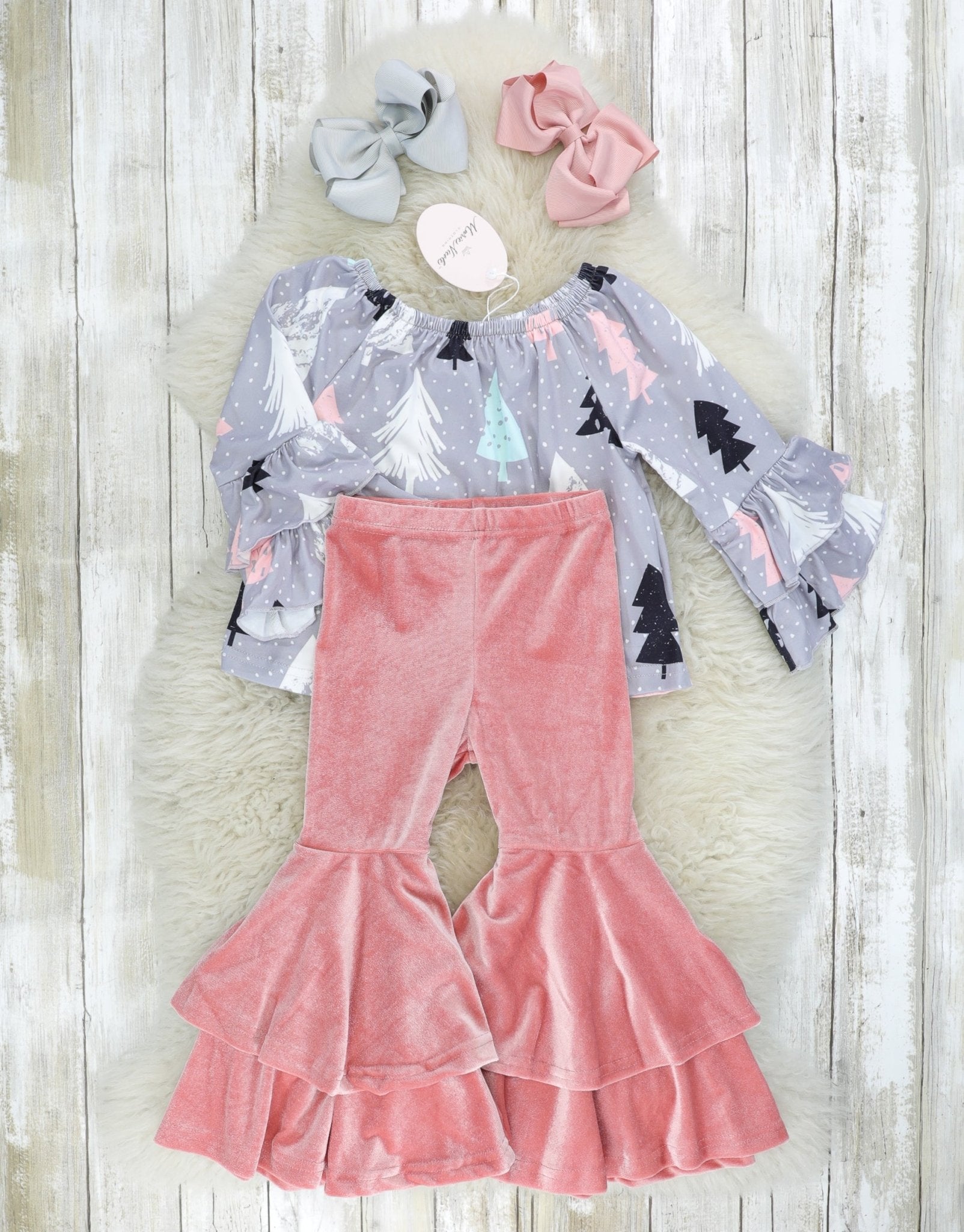 Mauve Christmas Tree Velvet Bell Bottoms Outfit - Marie Nicole Clothing