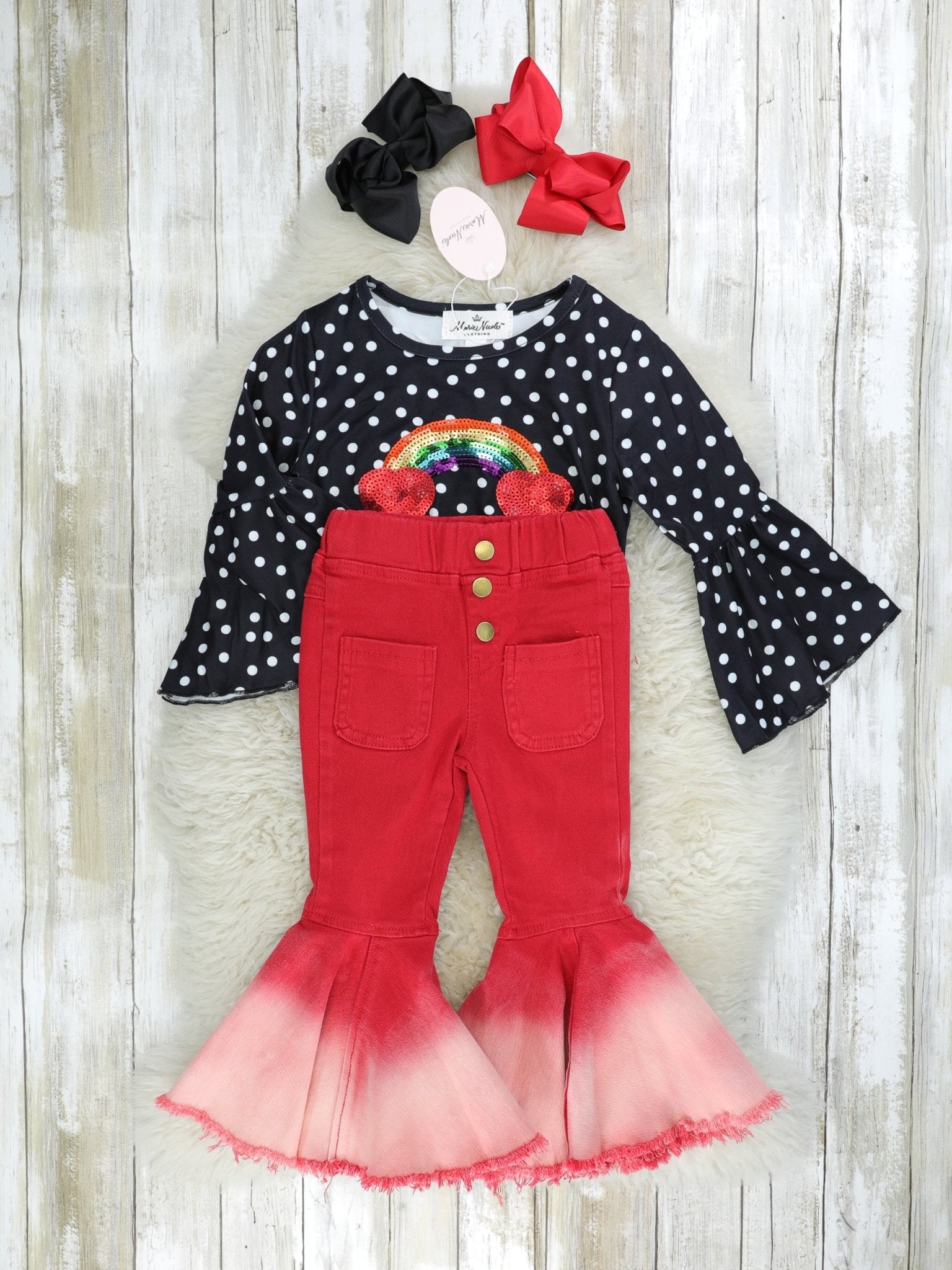 Rainbow Heart Tie Top & Denim Bell Bottoms Outfit - Marie Nicole Clothing
