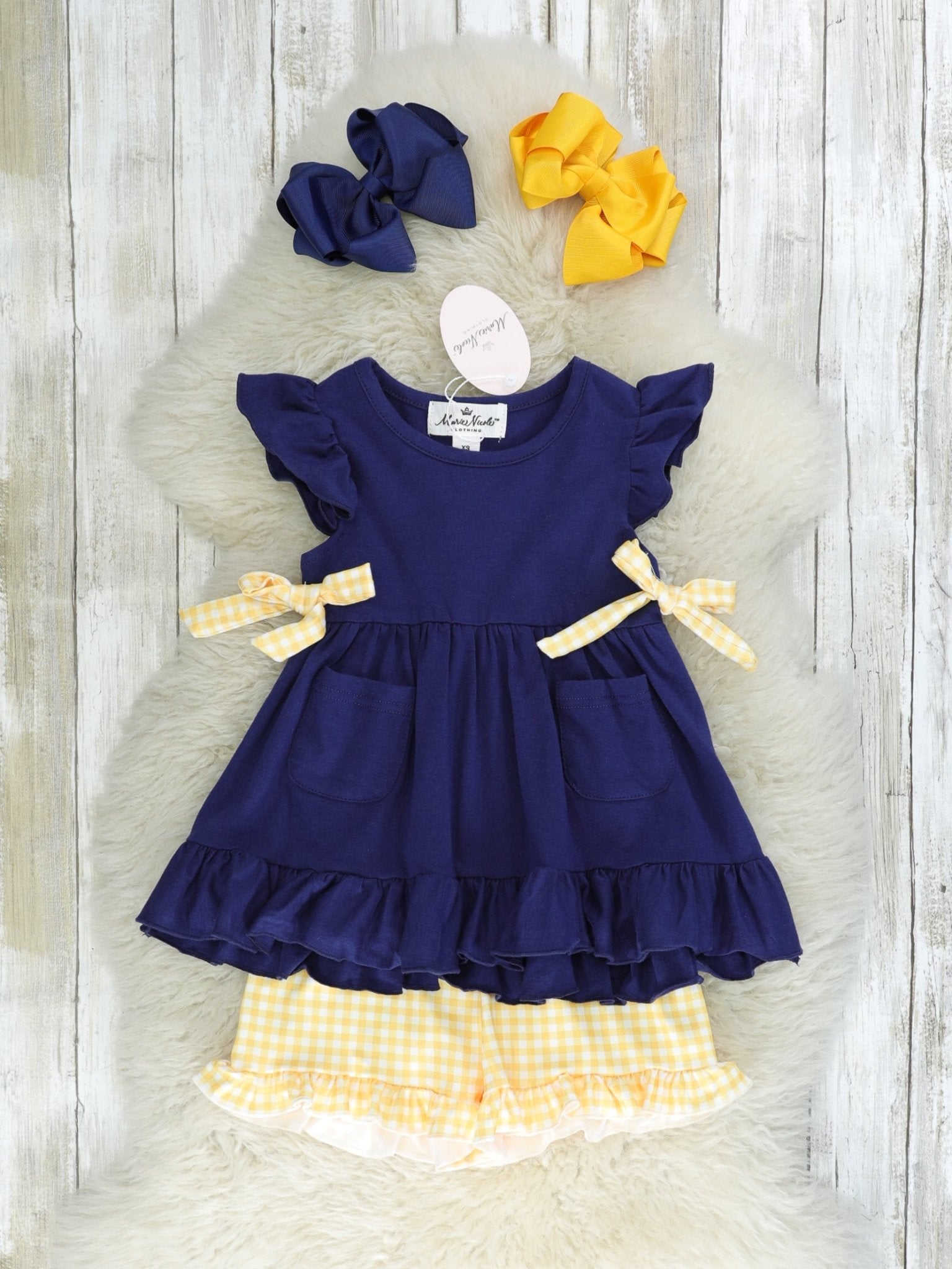 Navy & Yellow Gingham Ruffle Outfit - Marie Nicole Clothing