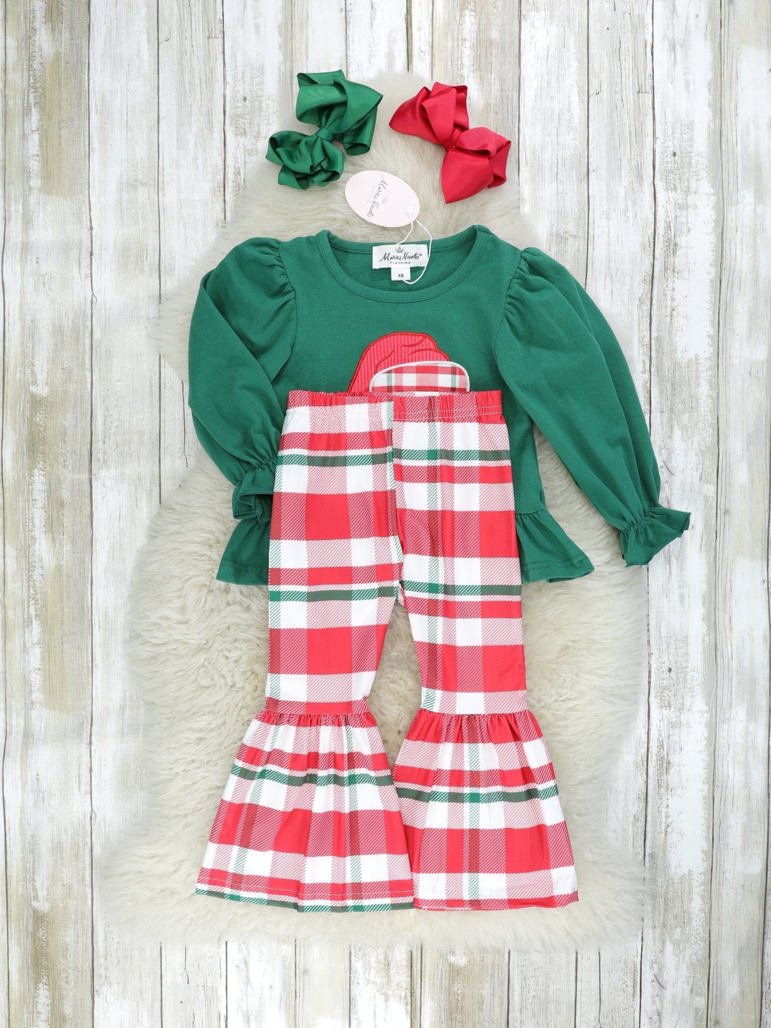 Green Snowman Ruffle Top & Plaid Bell Bottoms Outfit - Marie Nicole Clothing