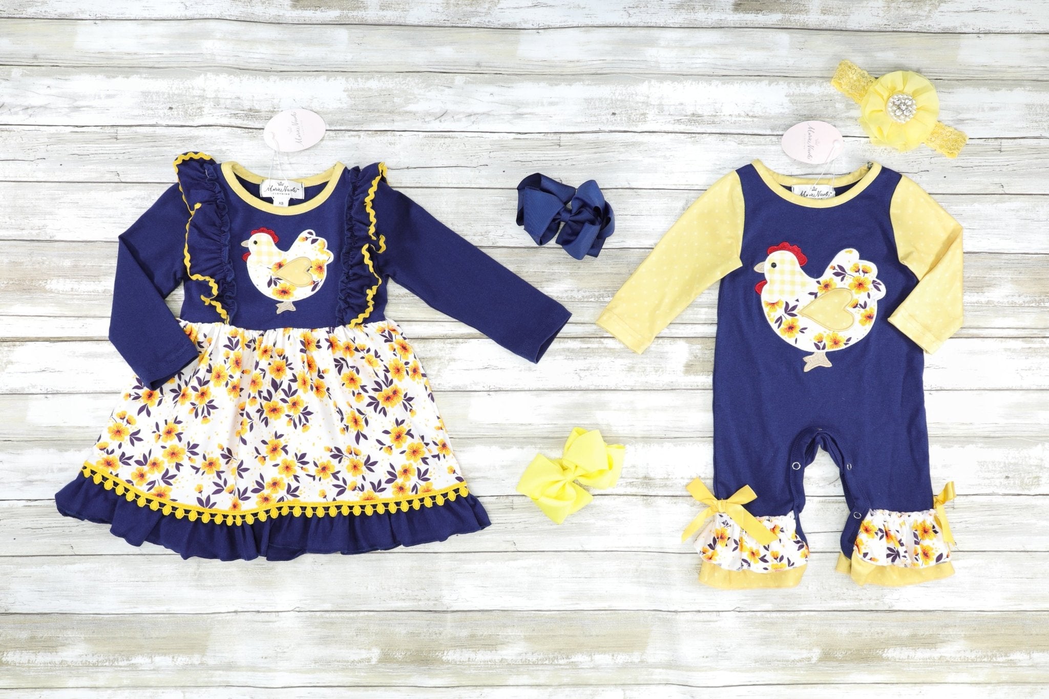 Navy Floral Chicken Ruffle Pom Pom Dress - Marie Nicole Clothing