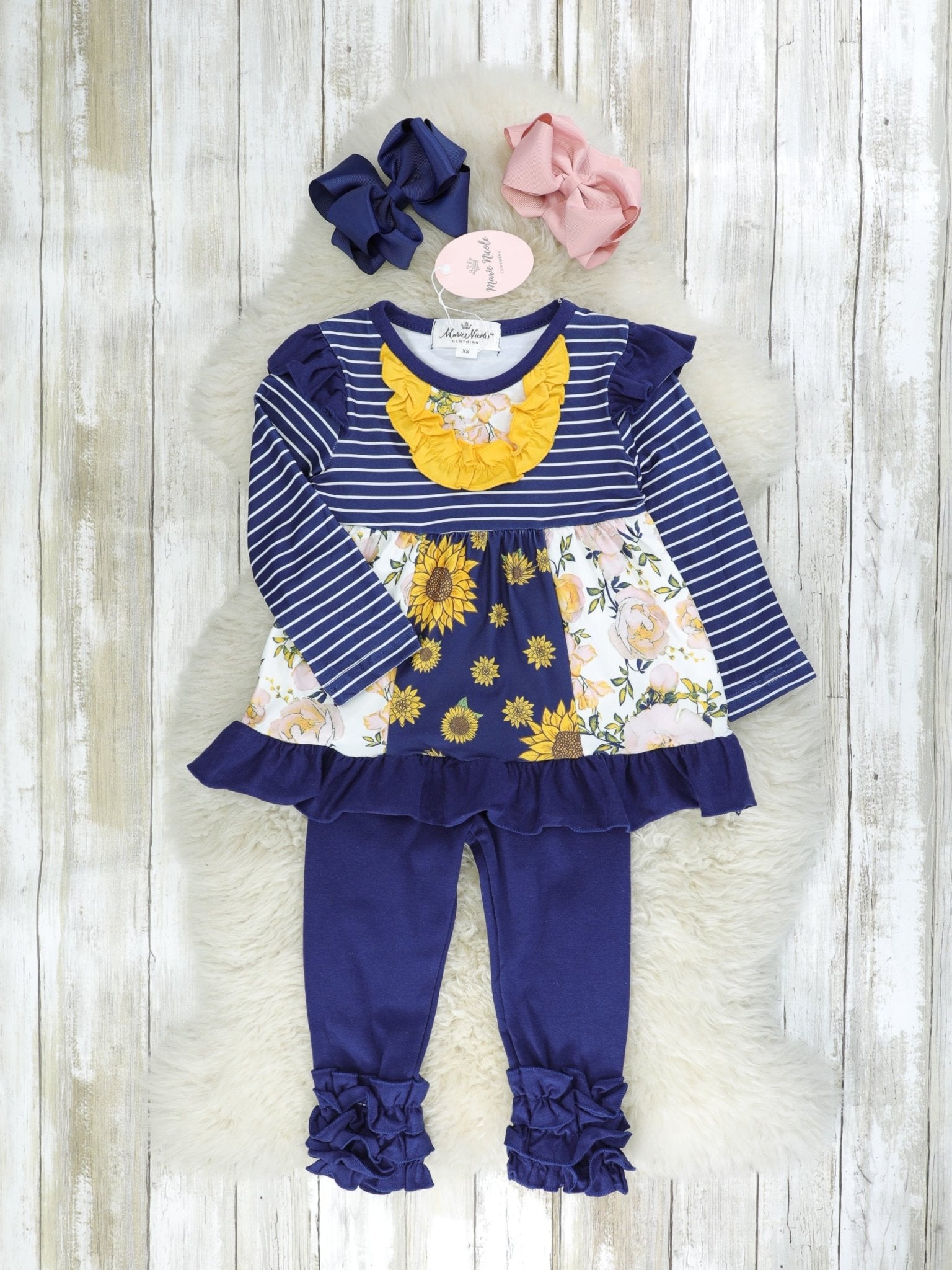 Navy & Mustard Floral Ruffle Outfit - Marie Nicole Clothing