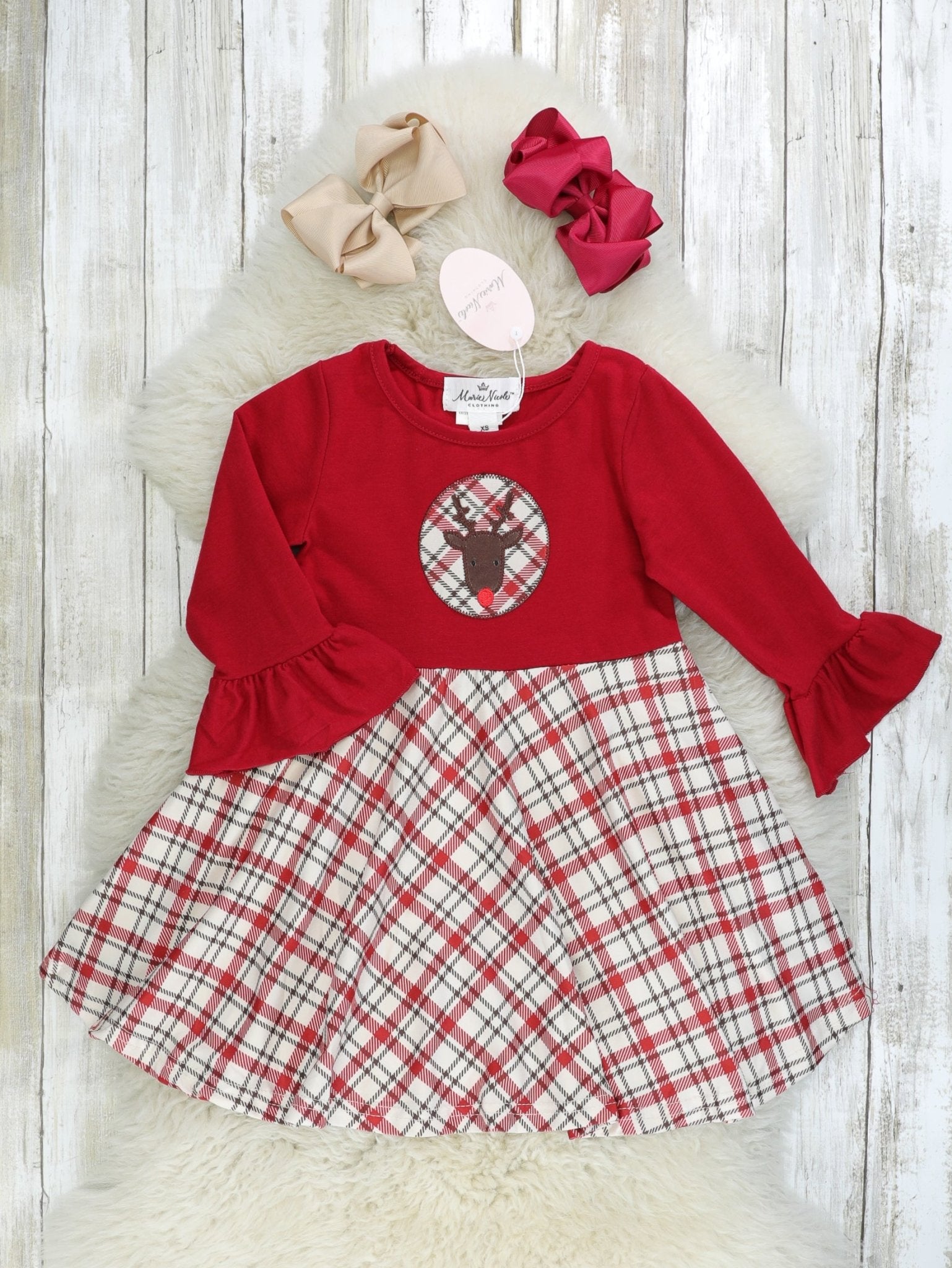 Red Plaid Reindeer Ruffle Dress - Marie Nicole Clothing