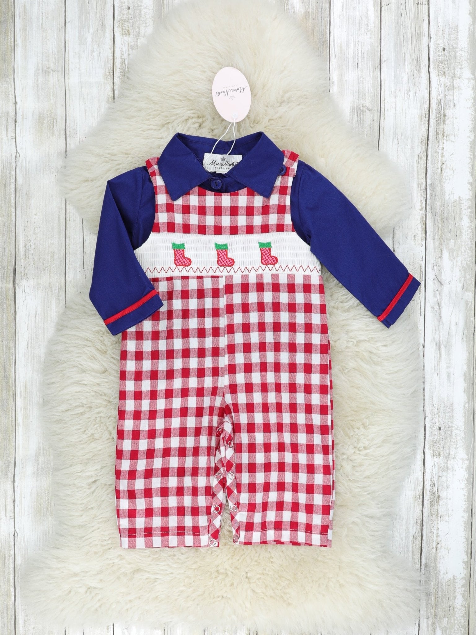 Navy Stocking & Red Gingham Smocked Romper - Marie Nicole Clothing