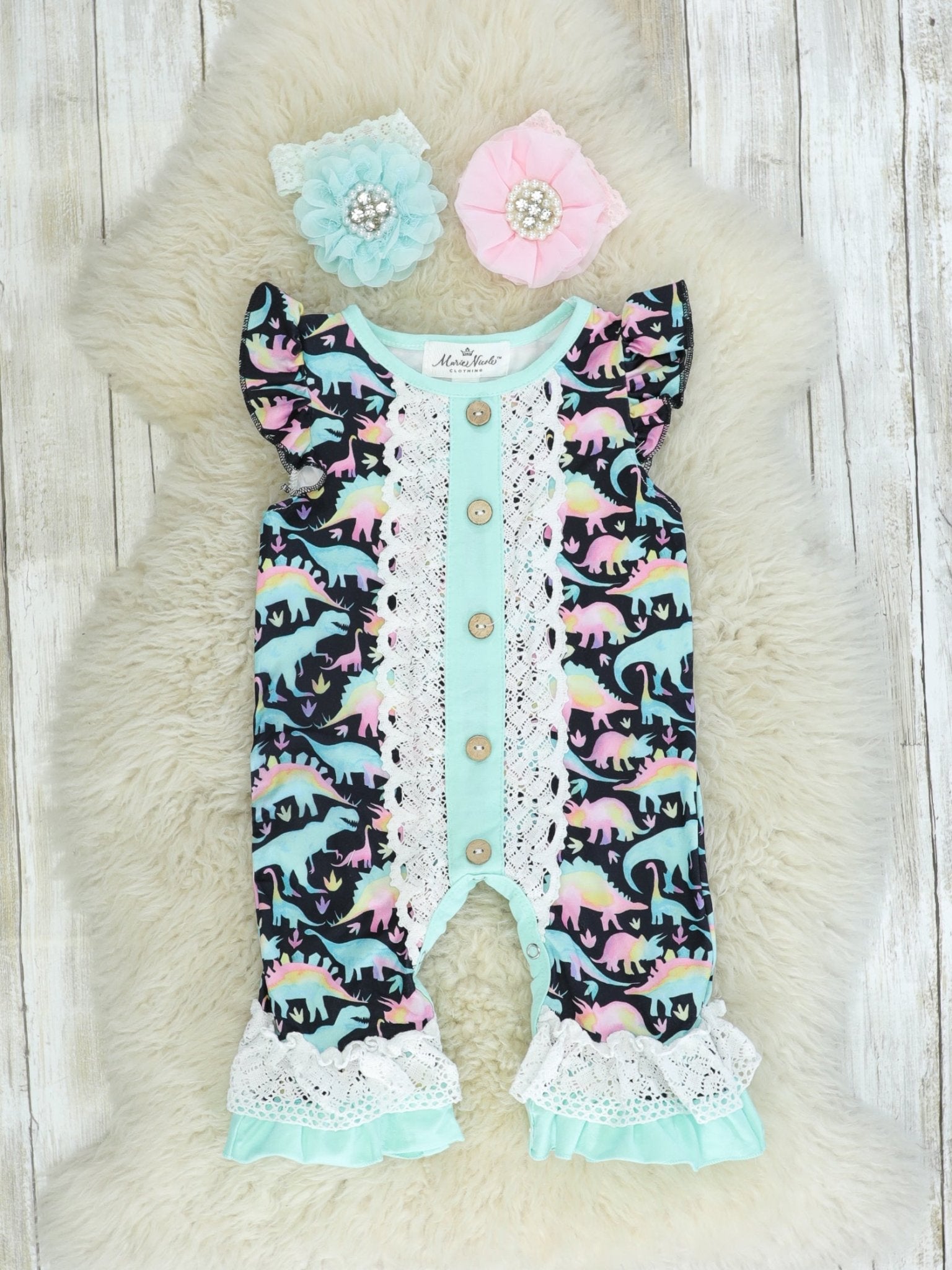 Rainbow Dino Ruffle Romper - Marie Nicole Clothing