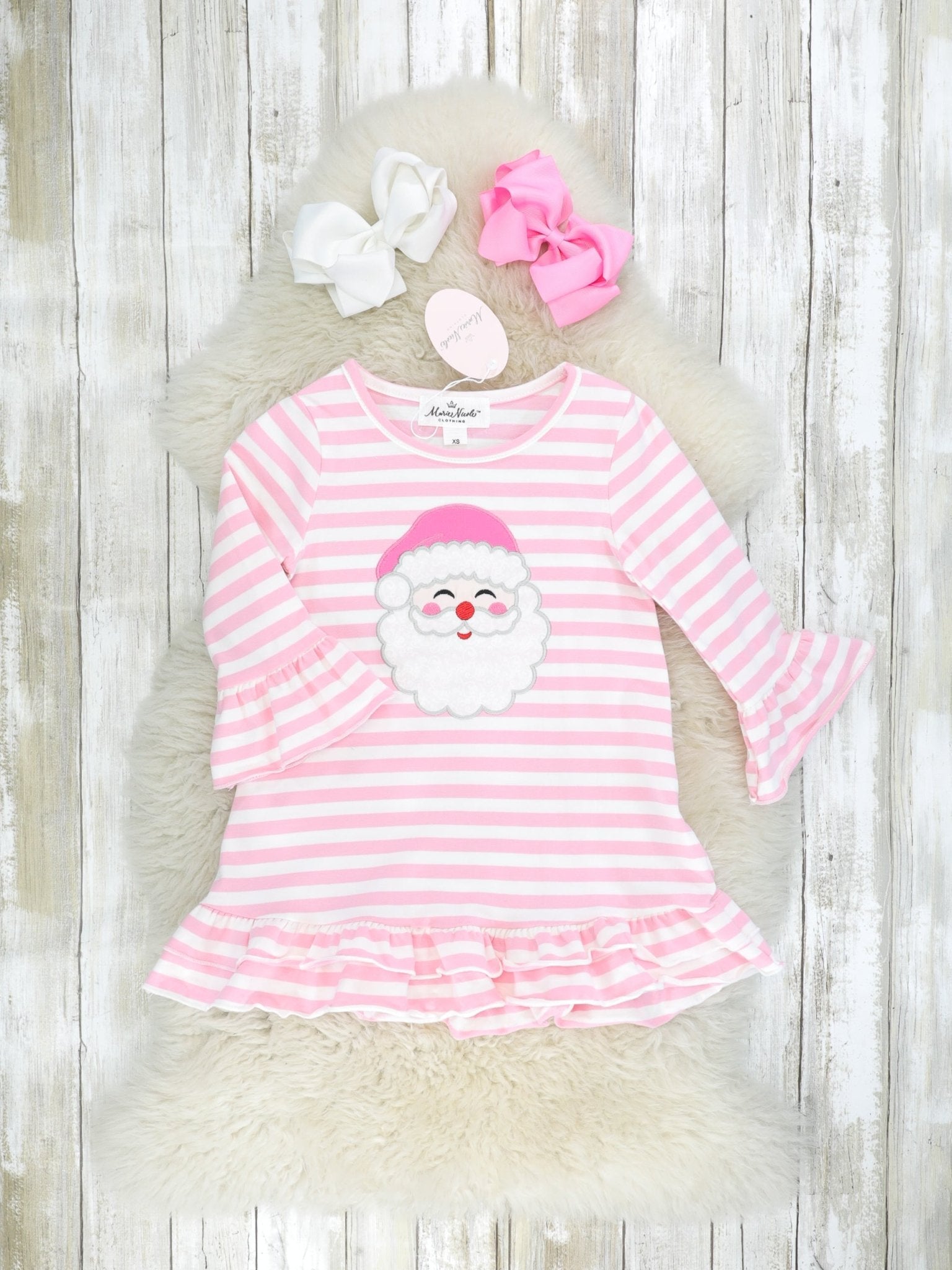 Pink Striped Santa Ruffle Dress - Marie Nicole Clothing