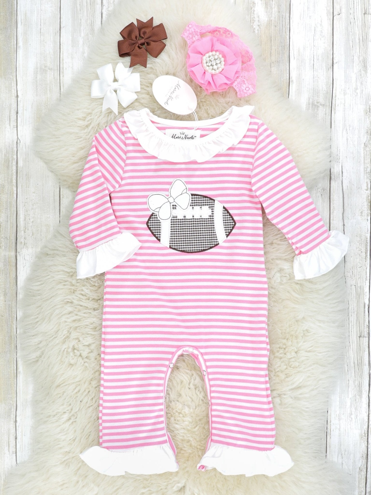 Pink Striped Football Ruffle Romper - Marie Nicole Clothing