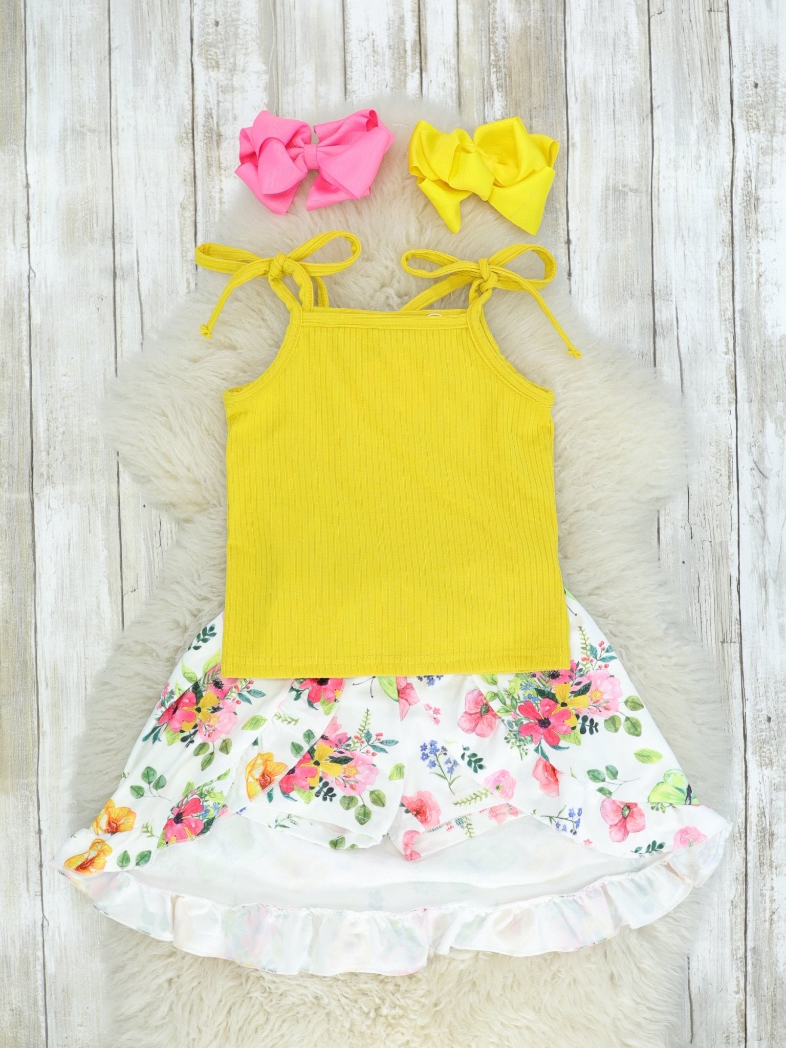 Mustard Tank & Floral Ruffle Split Skirt Outfit - Marie Nicole Clothing