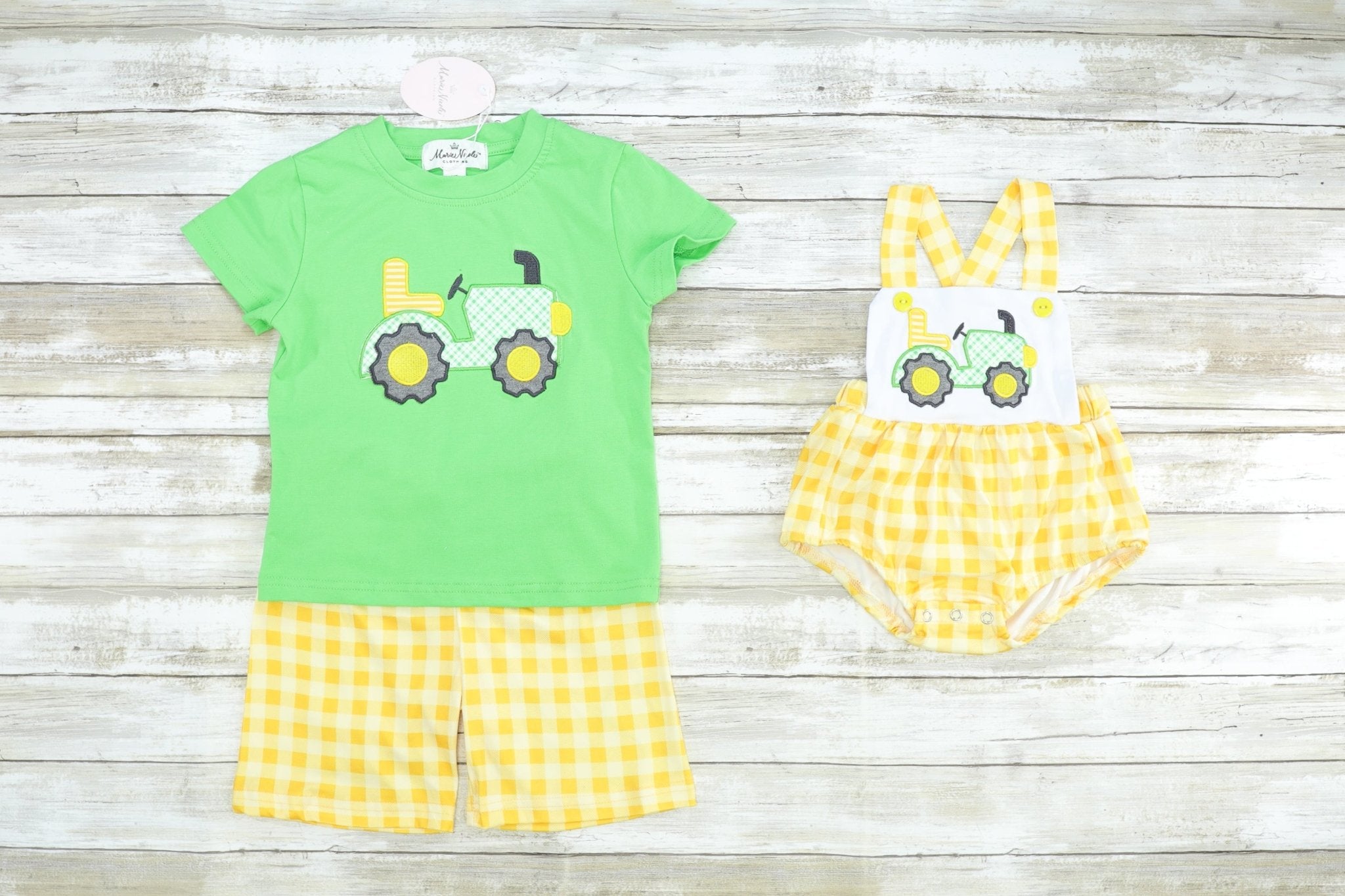 Yellow Check Tractor Bubble Romper - Marie Nicole Clothing