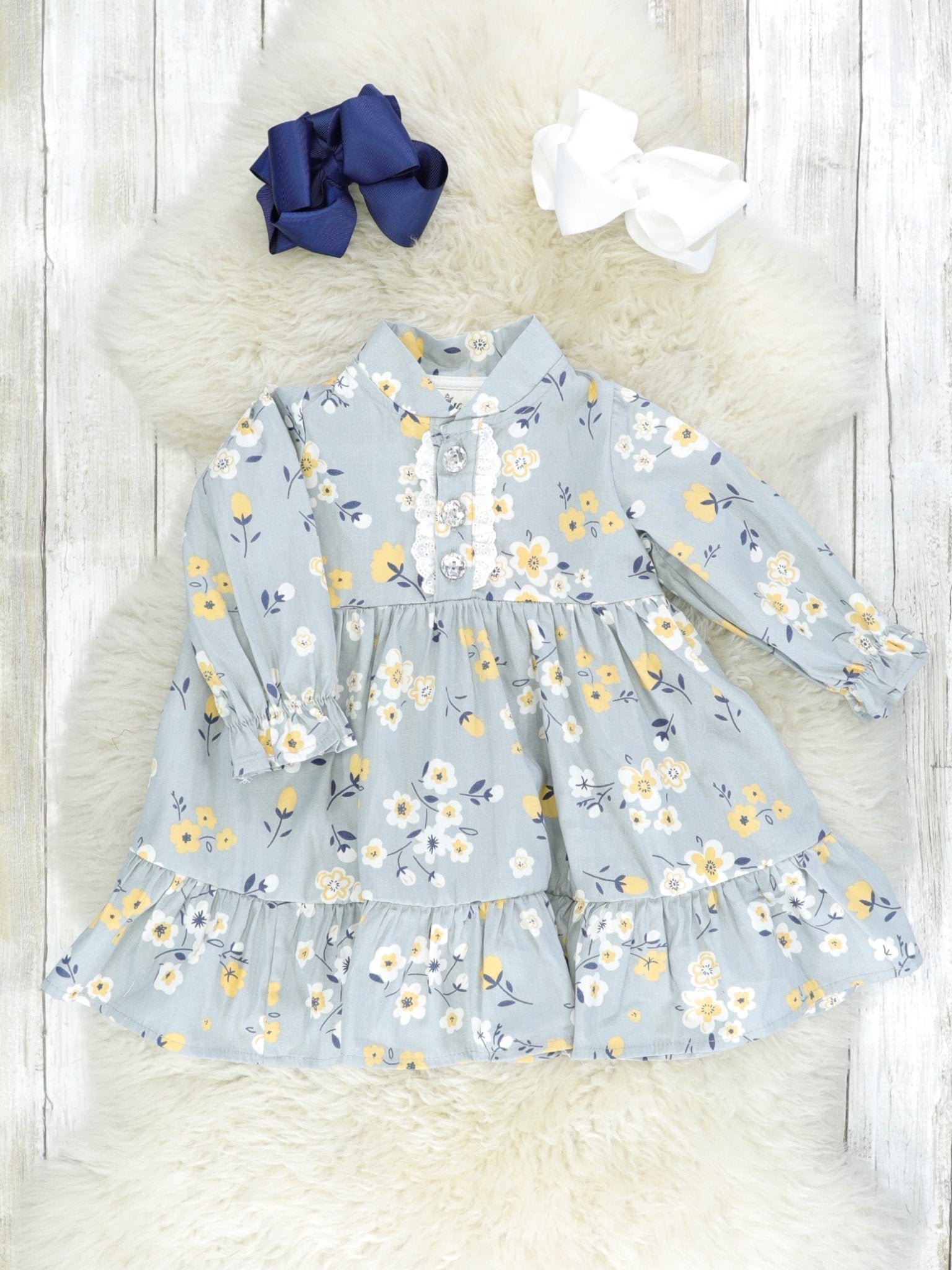 Light Grey & Yellow Floral Ruffle Dress - Marie Nicole Clothing