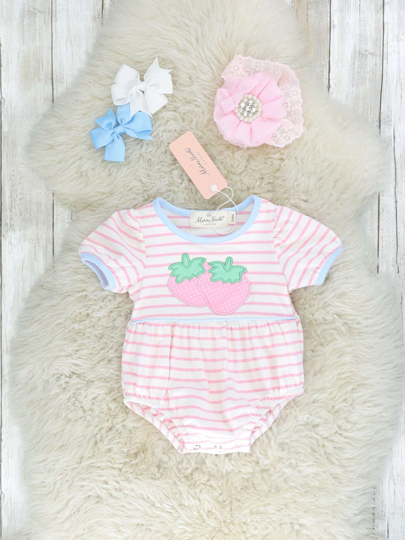 Pink & Blue Striped Strawberry Ruffle Bubble Romper - Marie Nicole Clothing