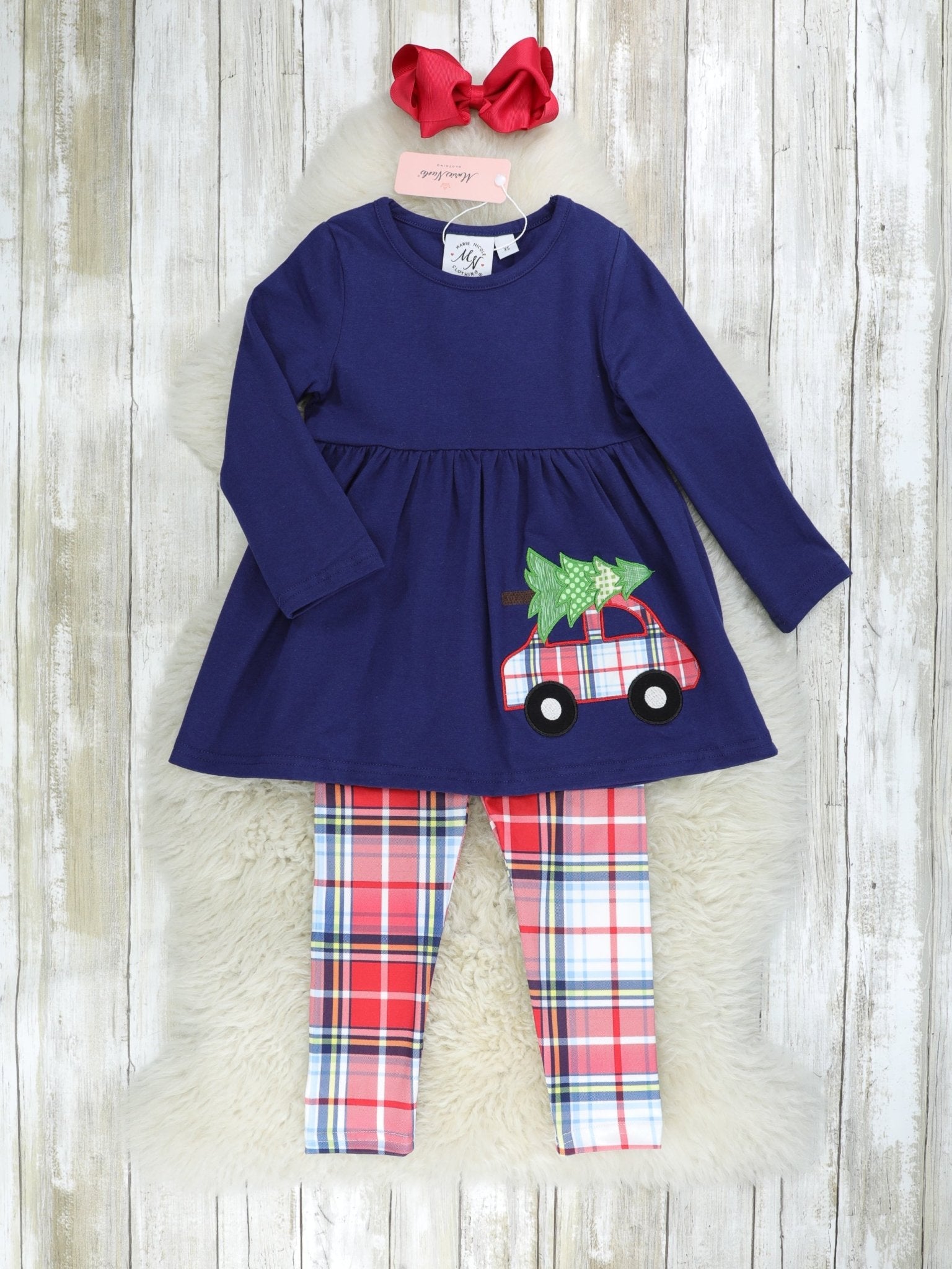 Navy Christmas Tree Truck Plaid 3 - Piece Outfit - Marie Nicole Clothing