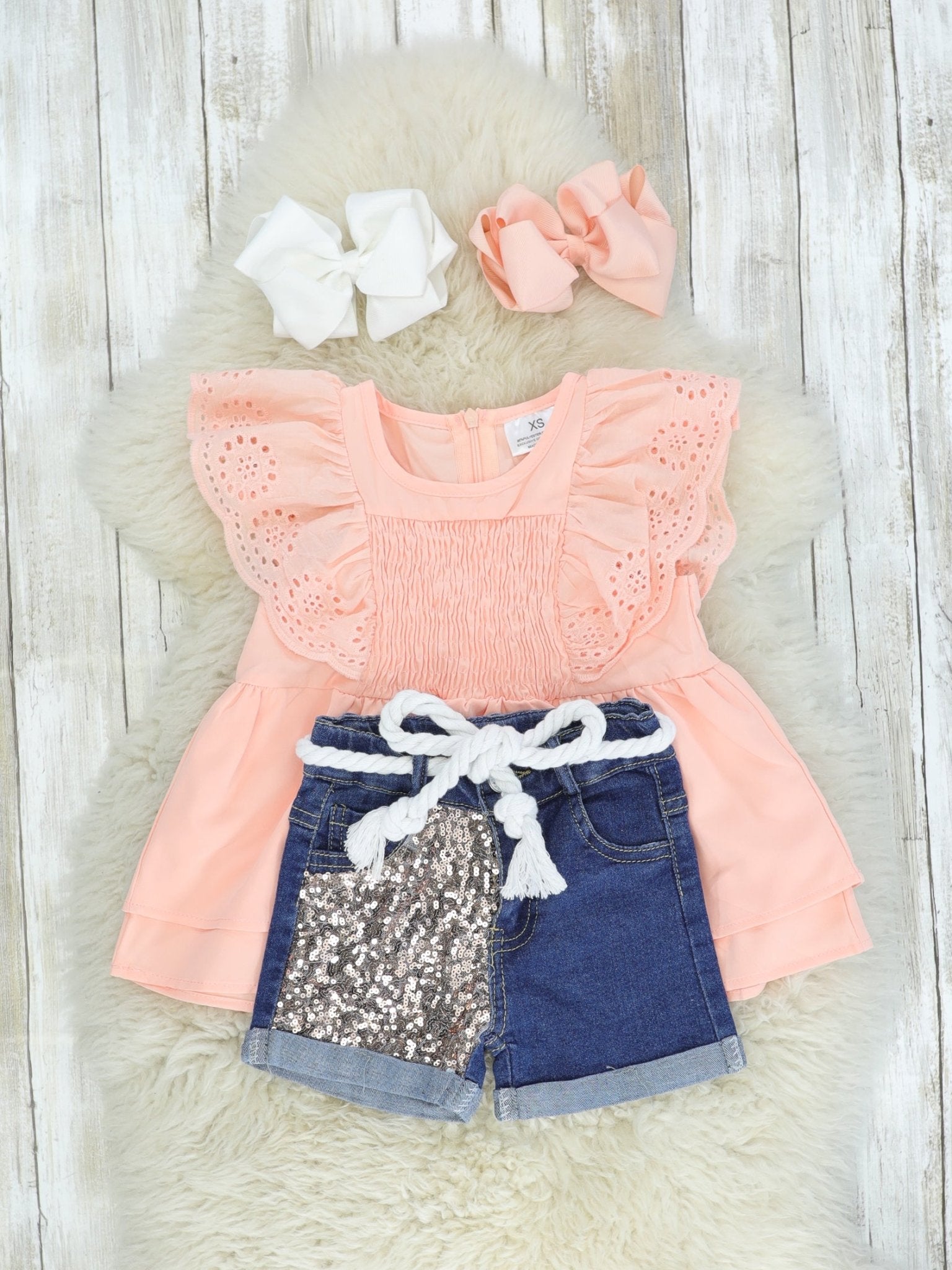 Peach Ruffle Top & Sequin Denim Outfit - Marie Nicole Clothing