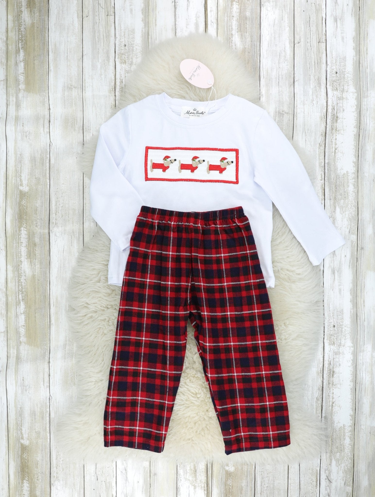 Red Plaid Smocked Dachshund Outfit - Marie Nicole Clothing