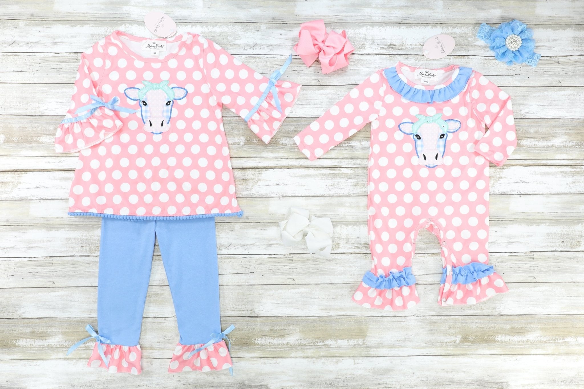 Pink Polka Dot Cow Ruffle Outfit - Marie Nicole Clothing