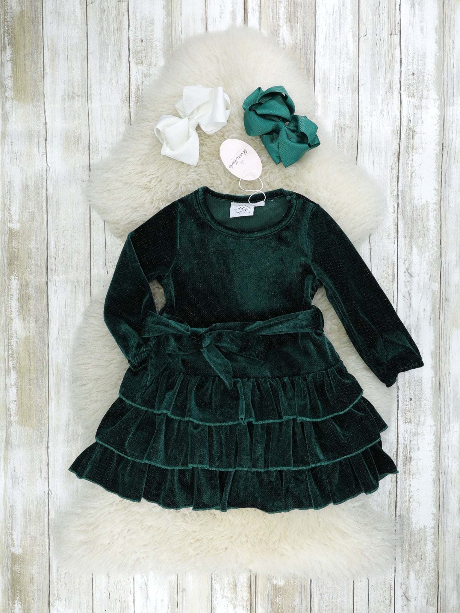 Emerald Velvet Tiered Ruffle Dress - Marie Nicole Clothing