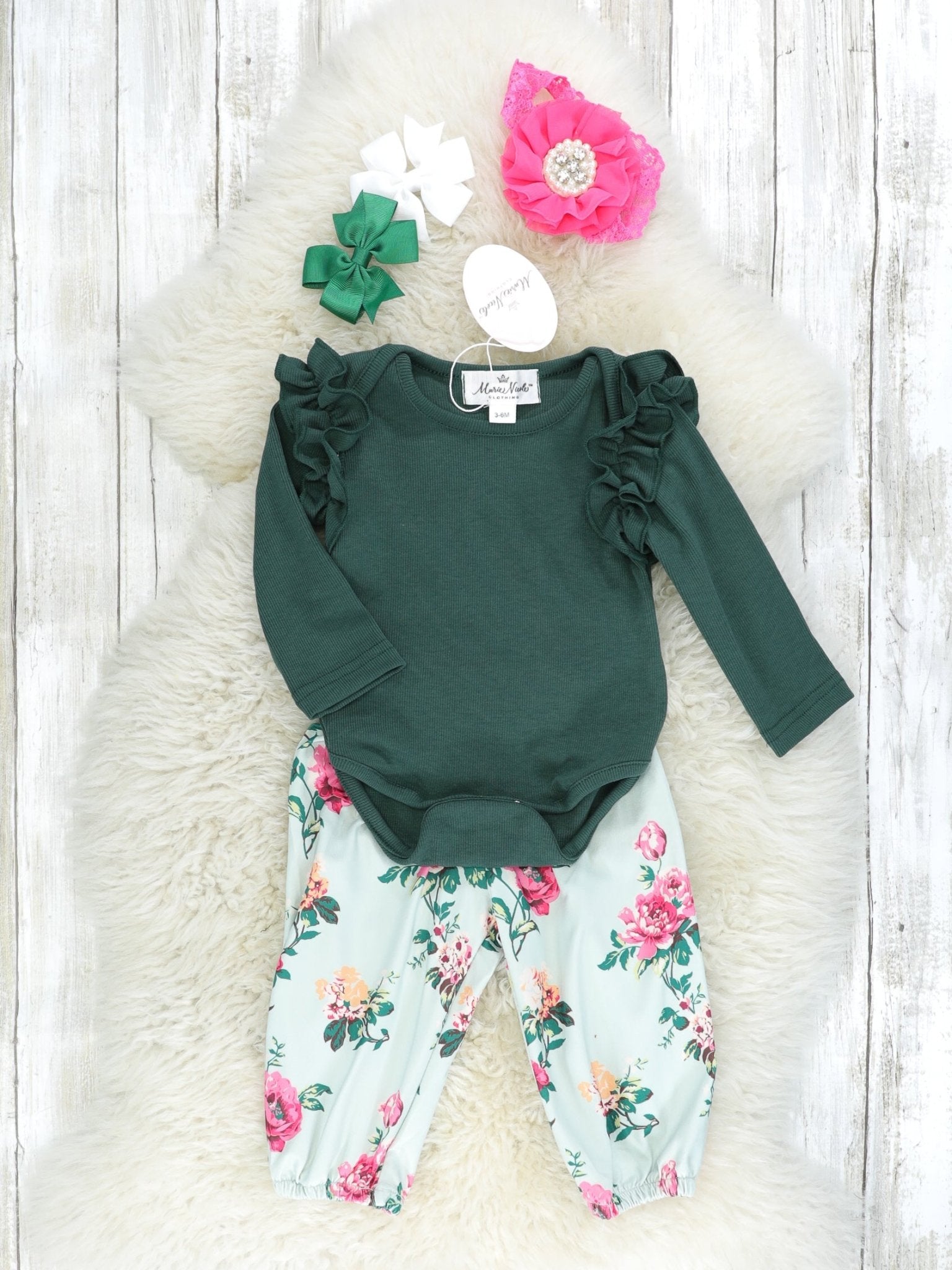 Hunter Green Rose Ruffle Onesie & Jogger Set - Marie Nicole Clothing