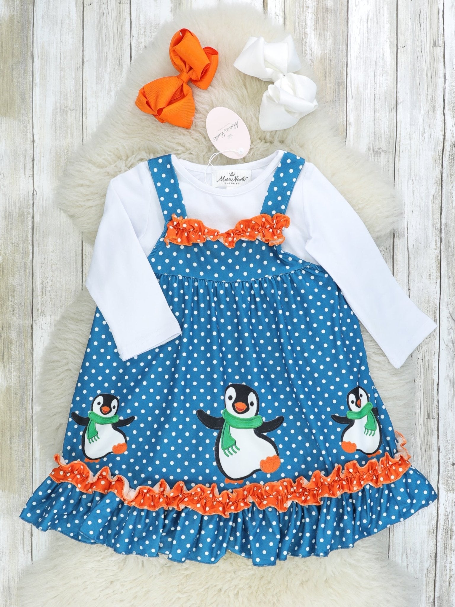 Blue Polka Dot Penguin Dress W/ White Shirt - Marie Nicole Clothing