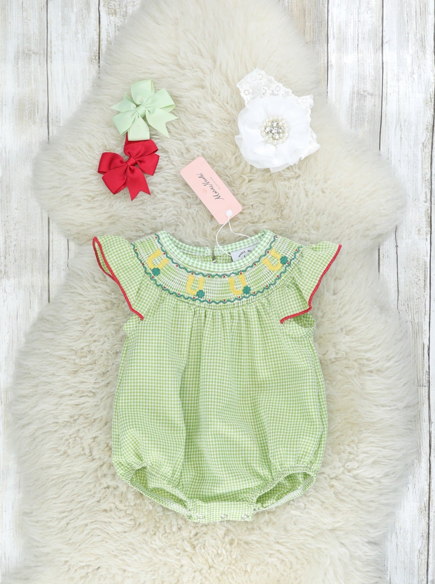 Green Smocked Horse Shoe Ruffle Romper - Marie Nicole Clothing