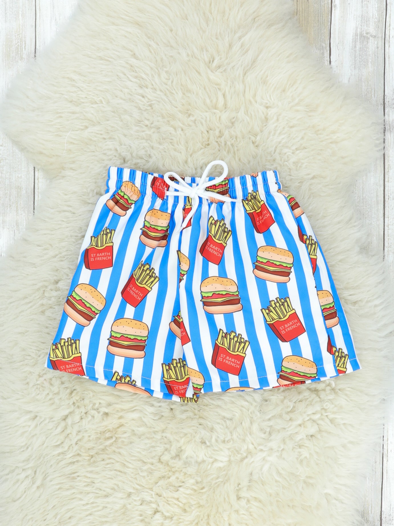 Burgers & Fries Pinstriped Swim Trunks - Marie Nicole Clothing