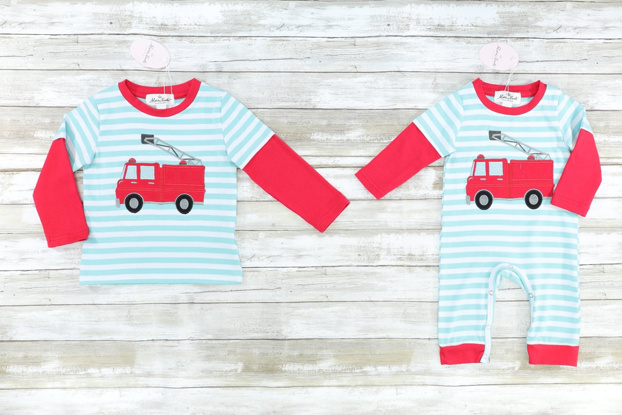 Red & Turquoise Striped Firetruck Shirt - Marie Nicole Clothing