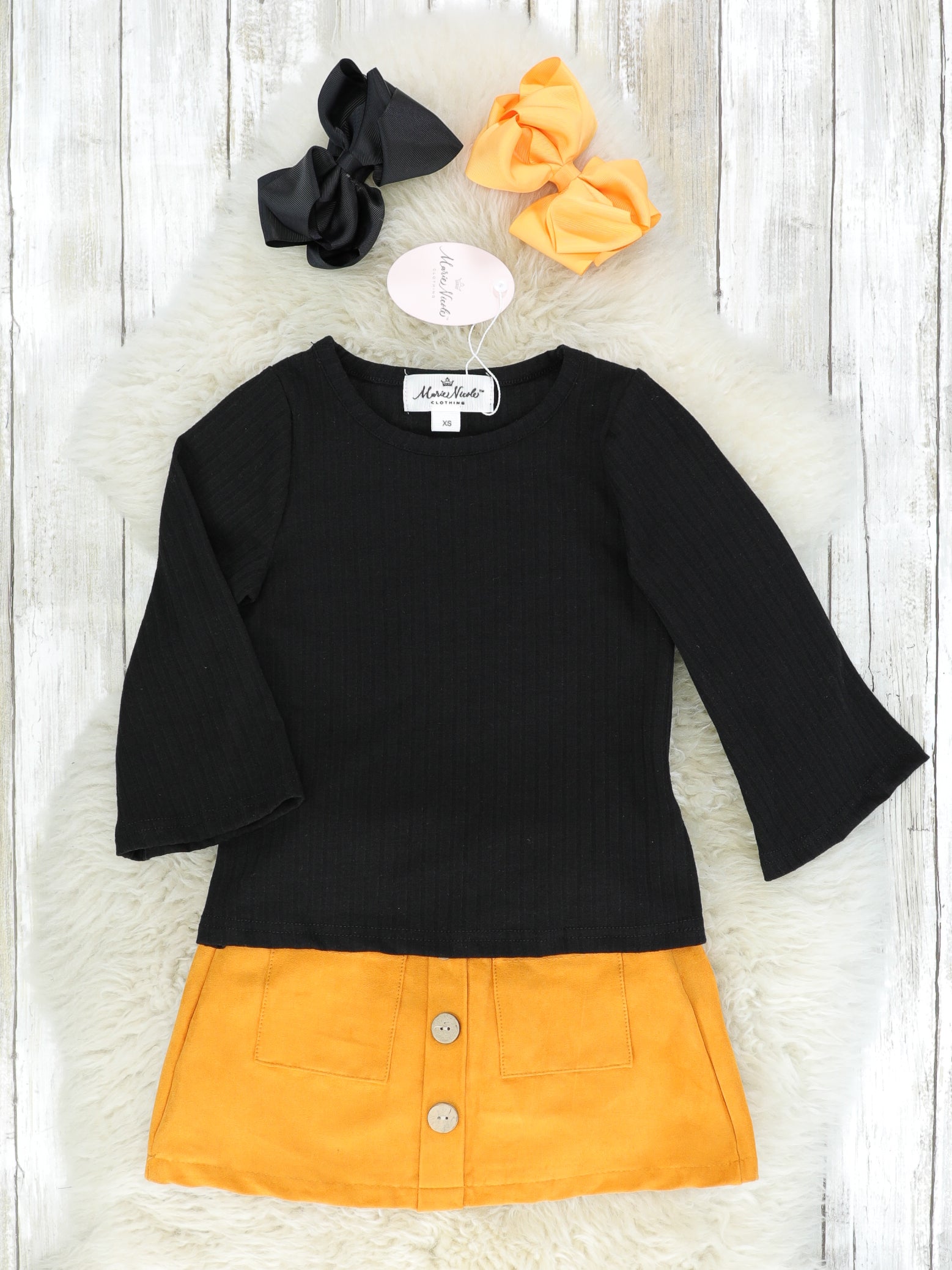 Black Bell Sleeve Top & Suede Mustard Skirt Outfit - Marie Nicole Clothing