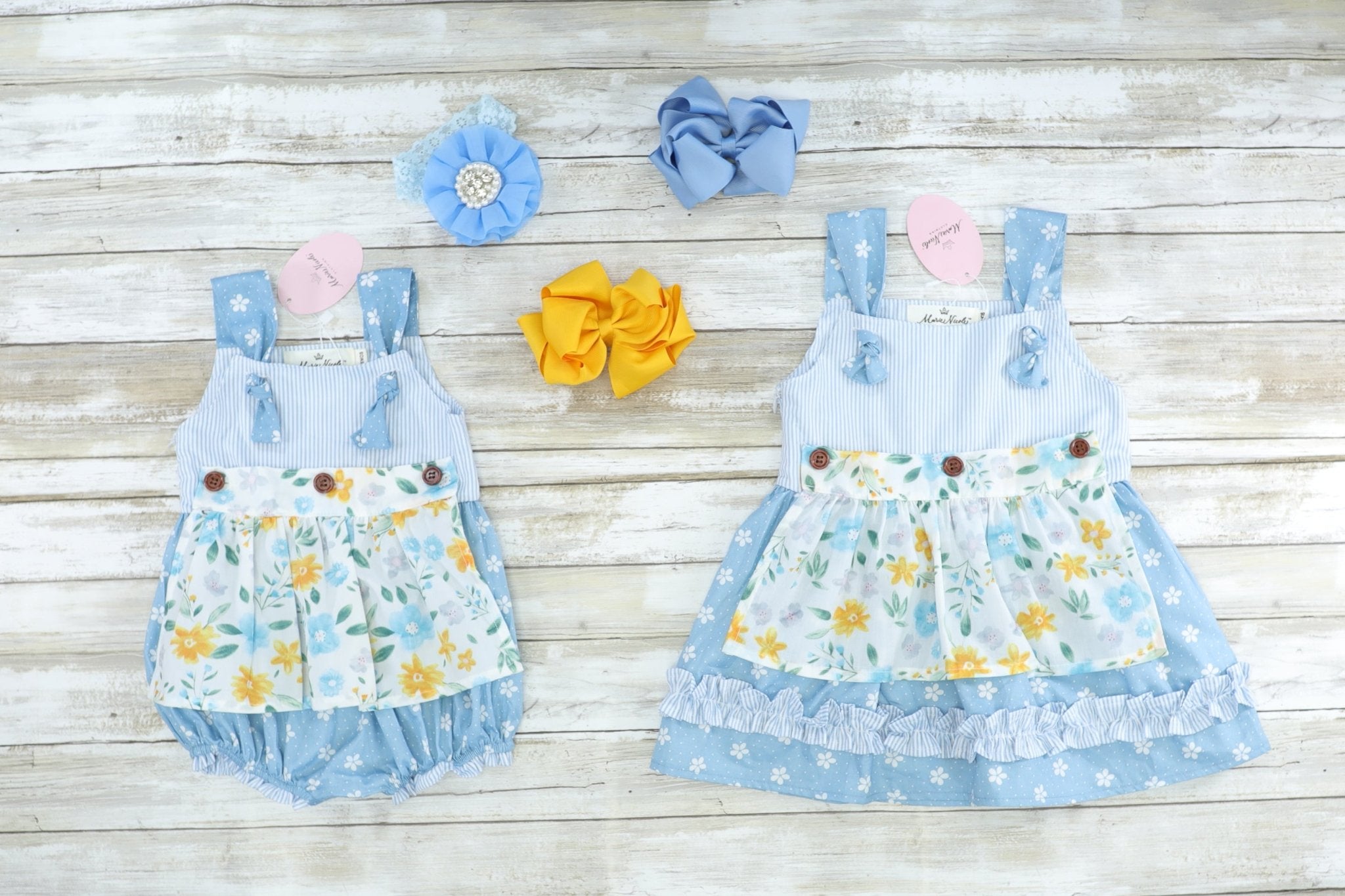 Cornflower Blue Floral Apron Bubble Romper - Marie Nicole Clothing