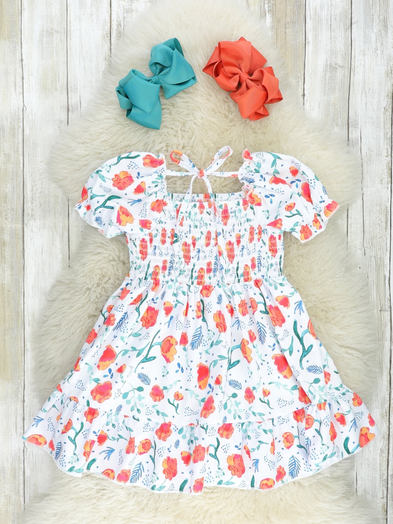 Orange Smocked Floral Puff Sleeve Dress - Marie Nicole Clothing