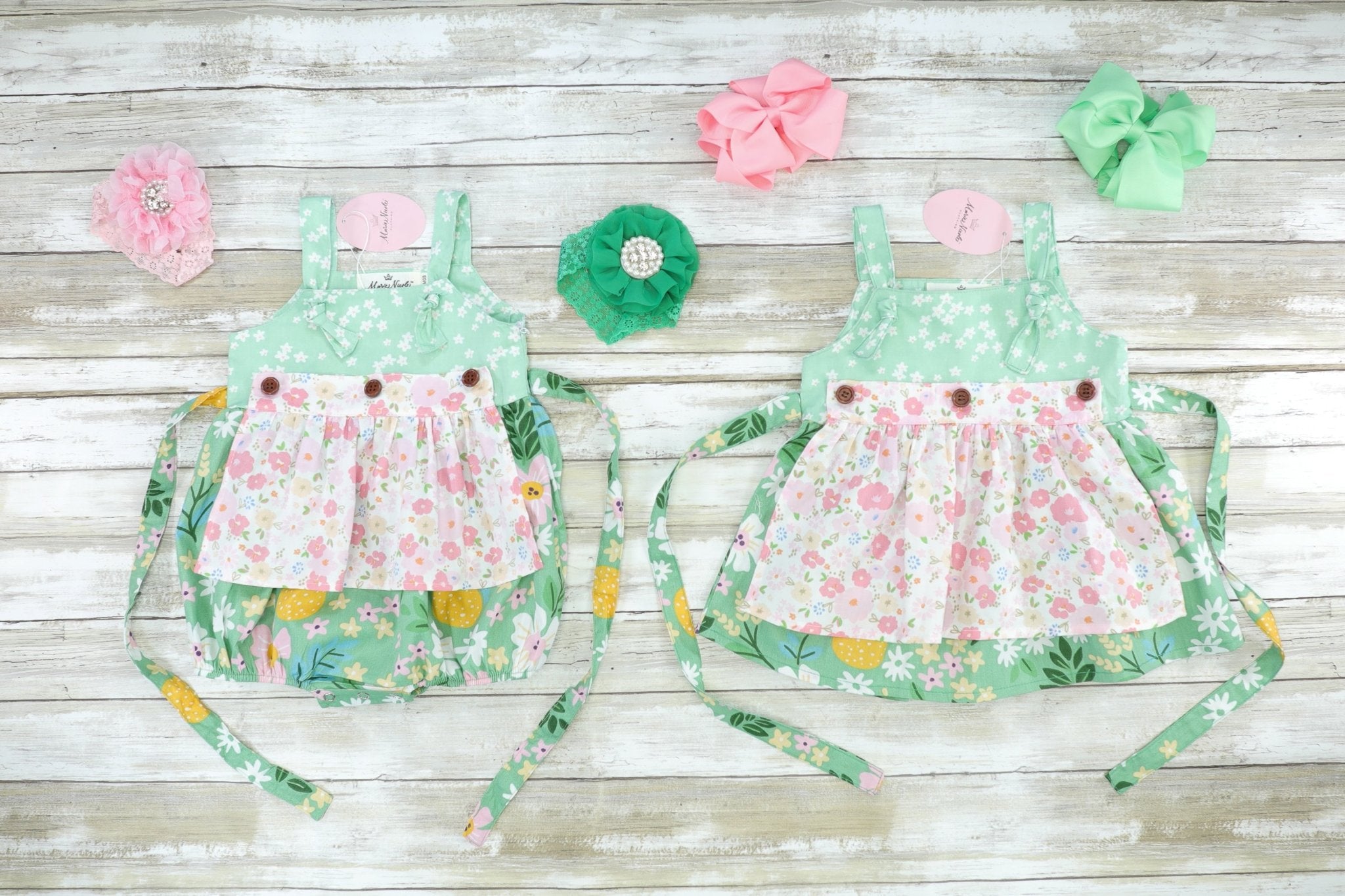 Green & Pink Floral Apron Dress - Marie Nicole Clothing