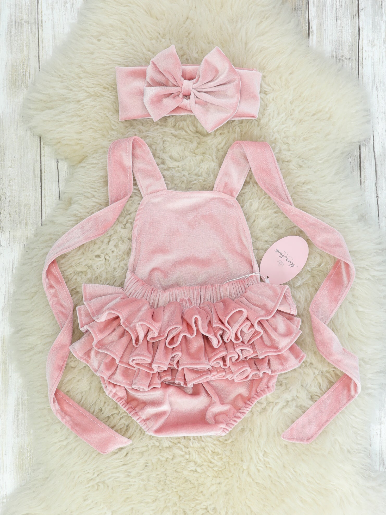 Pink Velvet Ruffle Bubble With Headband - Marie Nicole Clothing