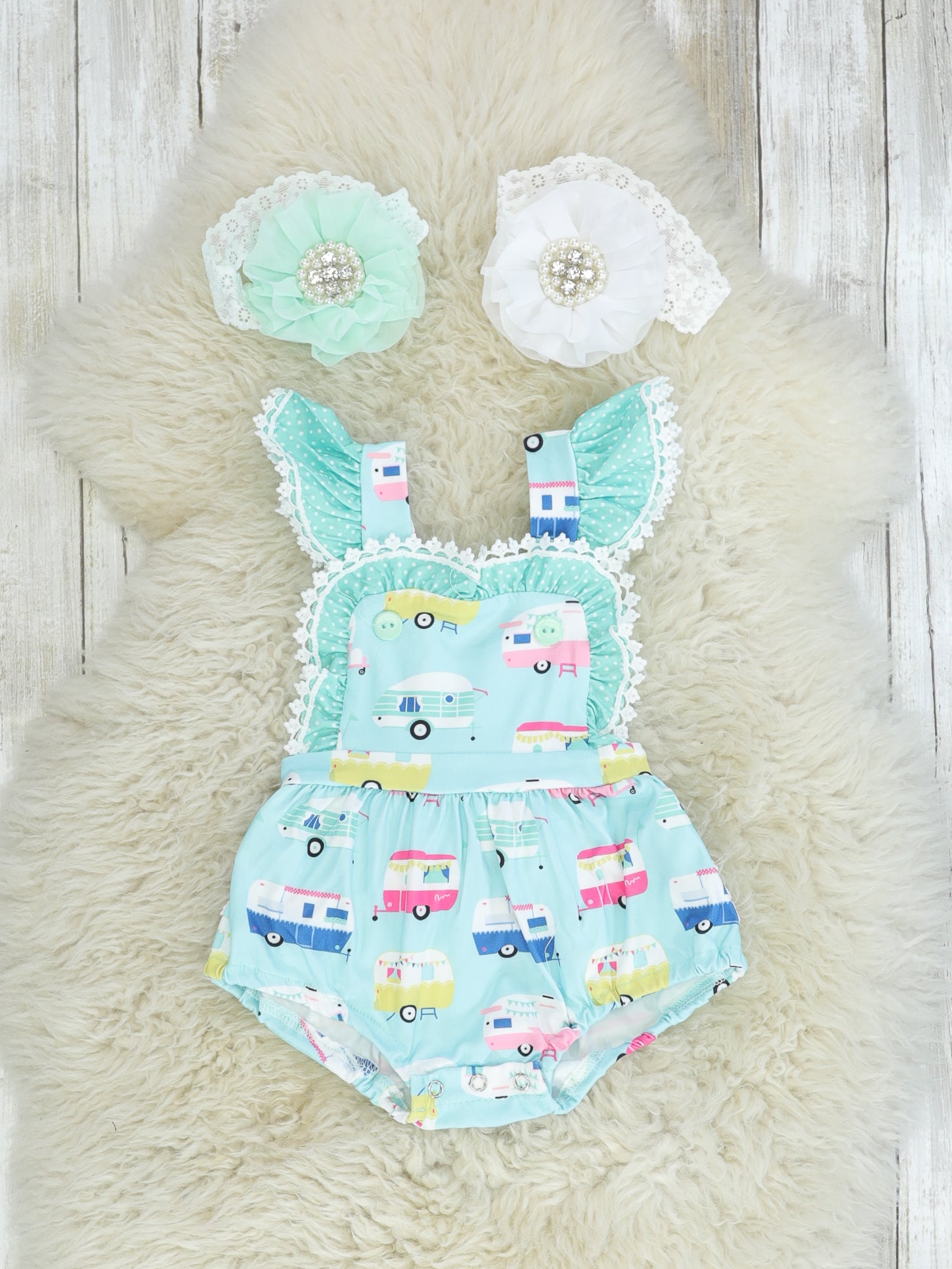 Blue Camper Ruffle Bubble Romper - Marie Nicole Clothing