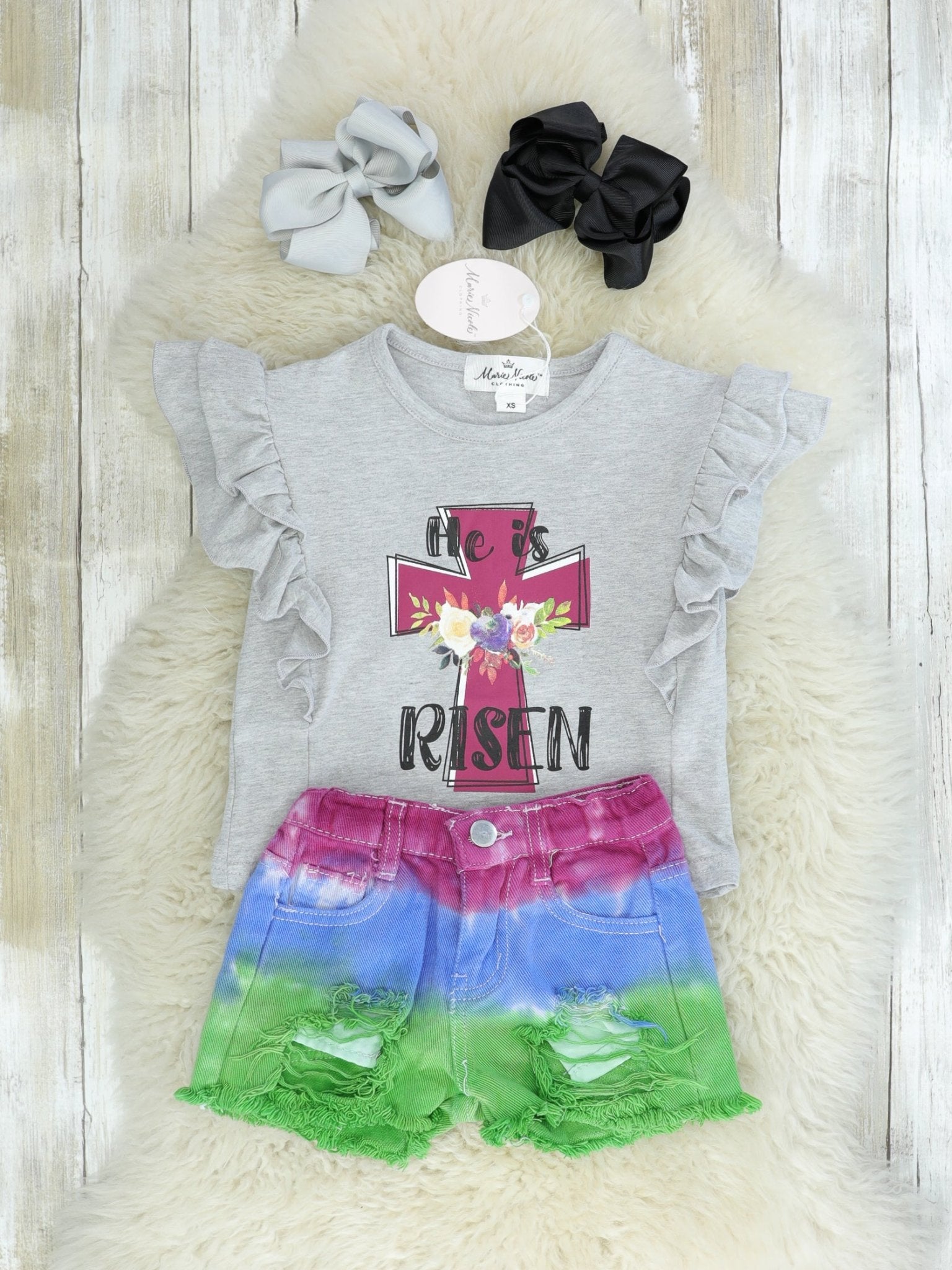 "Risen" Cross Ruffle Top & Ombre Shorts Outfit - Marie Nicole Clothing
