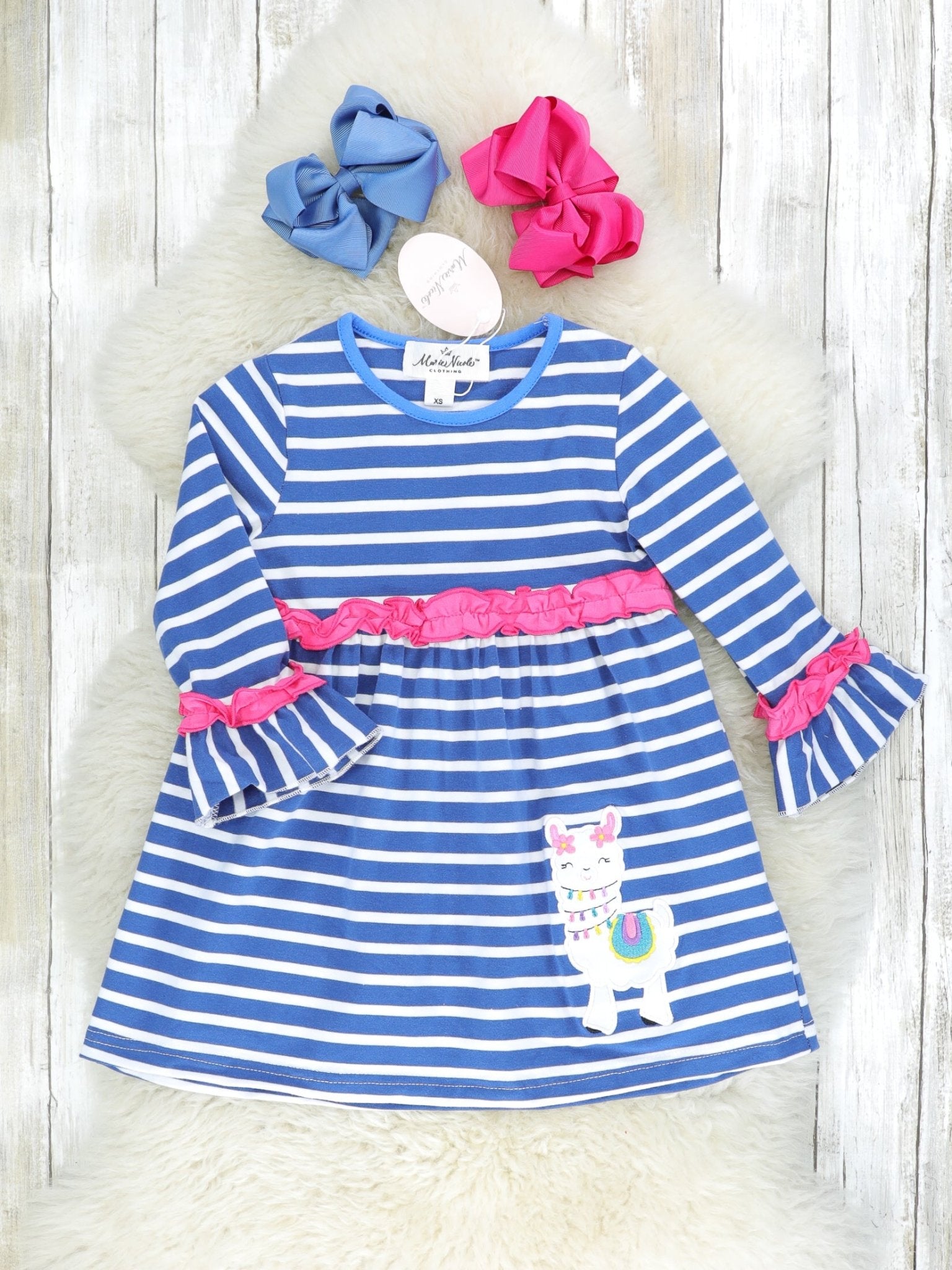 Navy Striped Llama Ruffle Dress - Marie Nicole Clothing