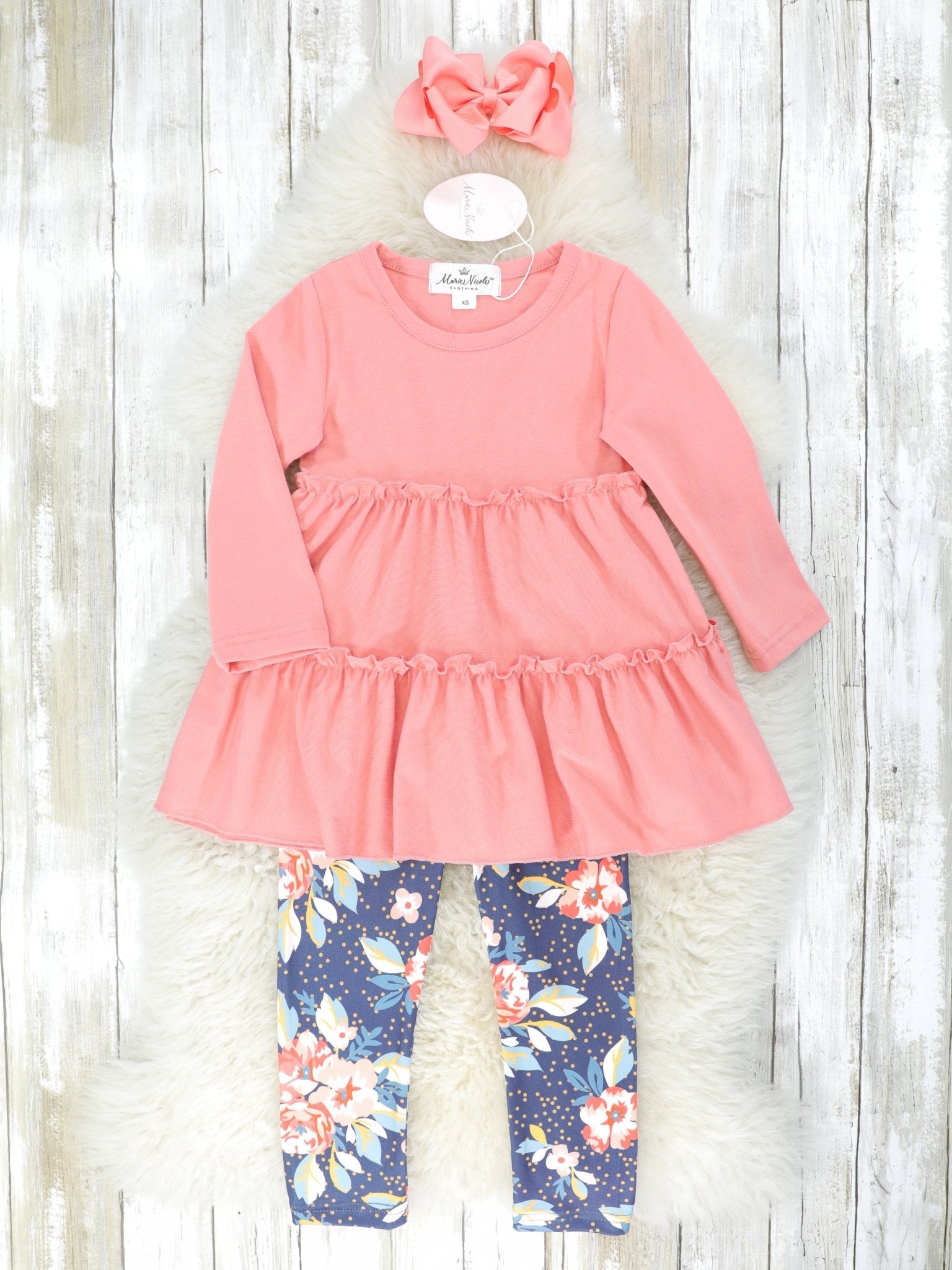 Salmon Pink Tiered Top & Floral Bottoms w/ Scarf - Marie Nicole Clothing