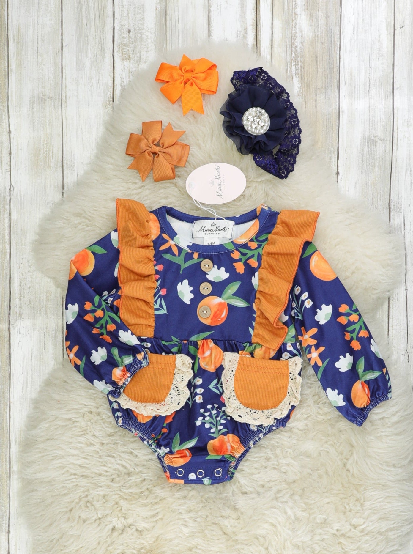 Navy & Burnt Orange Persimmon Ruffle Bubble Romper - Marie Nicole Clothing