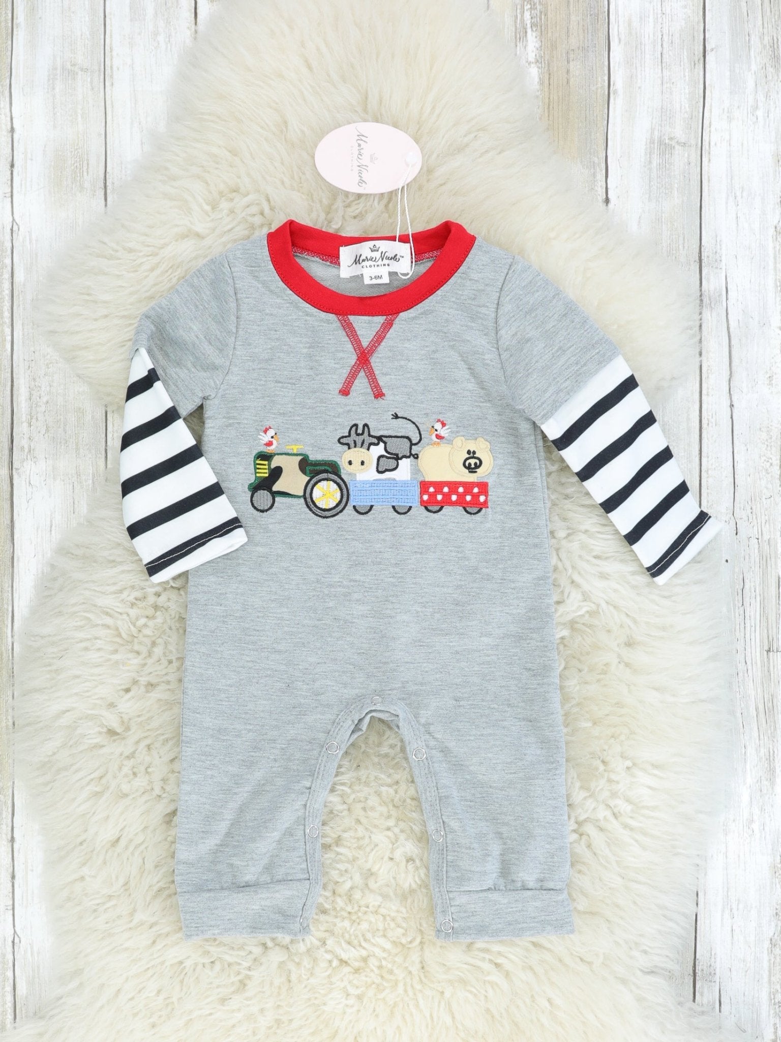 Farm Animals On A Tractor Striped Romper - Marie Nicole Clothing