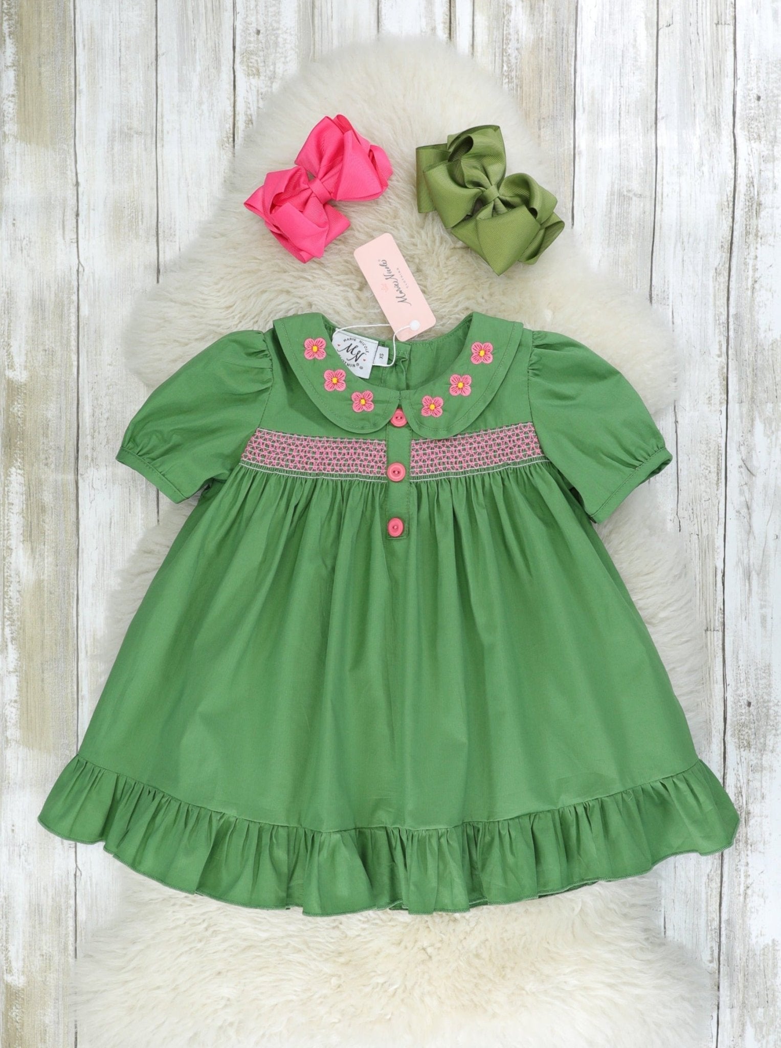 Green Smocked Vintage Flower Ruffle Dress - Marie Nicole Clothing