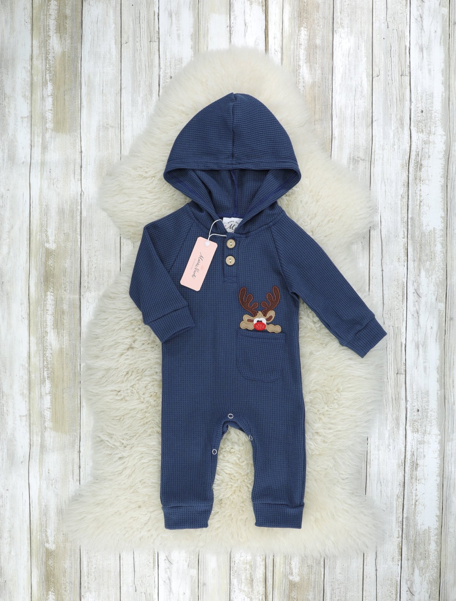 Spruce Blue Reindeer Pocket Hoodie Romper - Marie Nicole Clothing