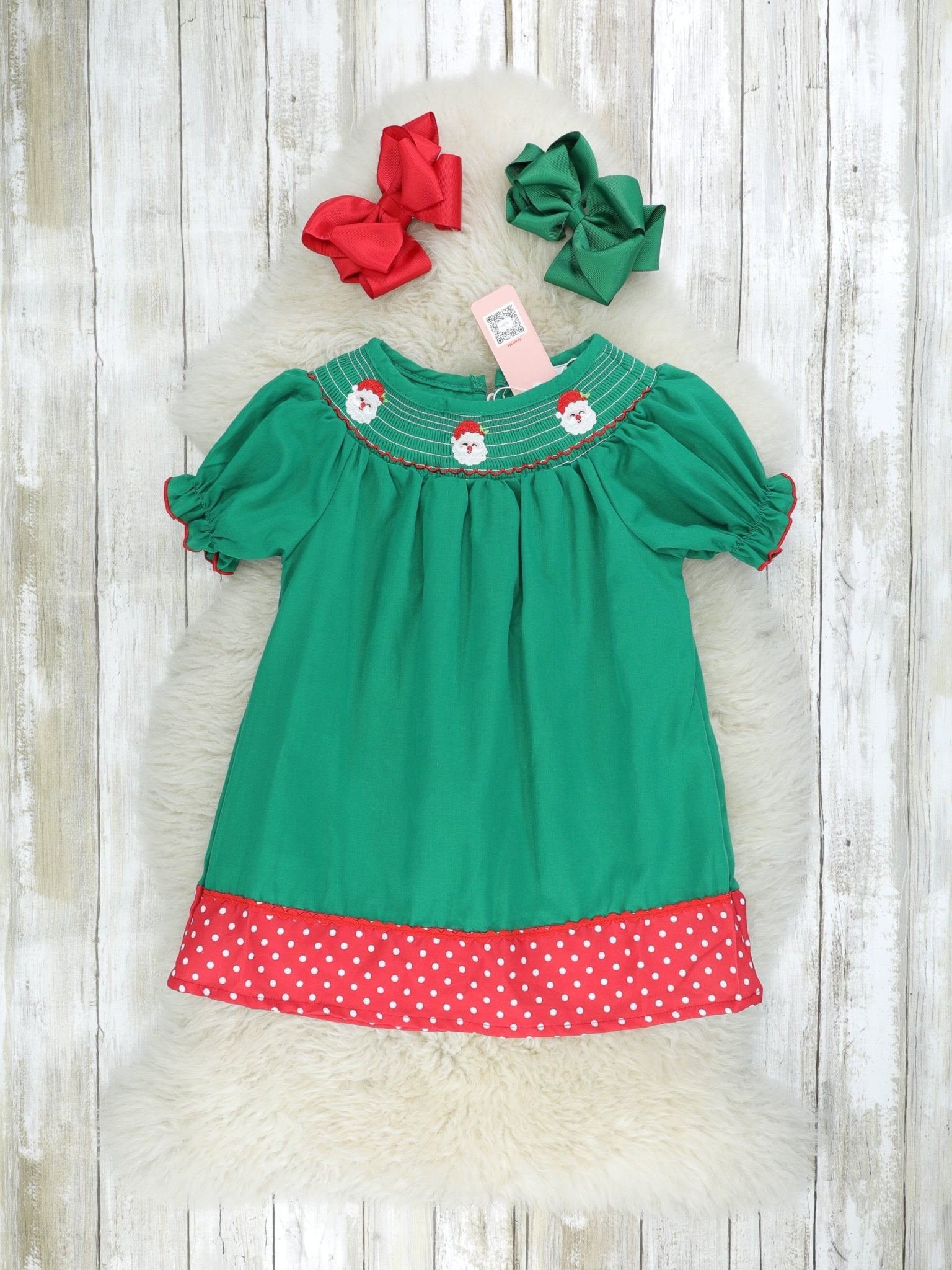 Green Smocked Santa Dress - Marie Nicole Clothing