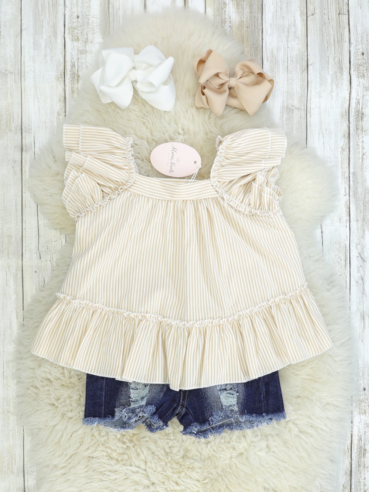 Cream Ruffle Top & Distressed Denim Outfit - Marie Nicole Clothing