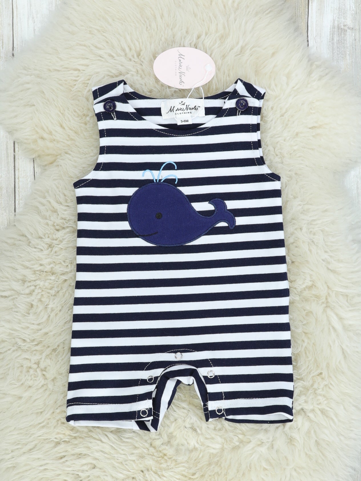 Navy Striped Whale Romper - Marie Nicole Clothing